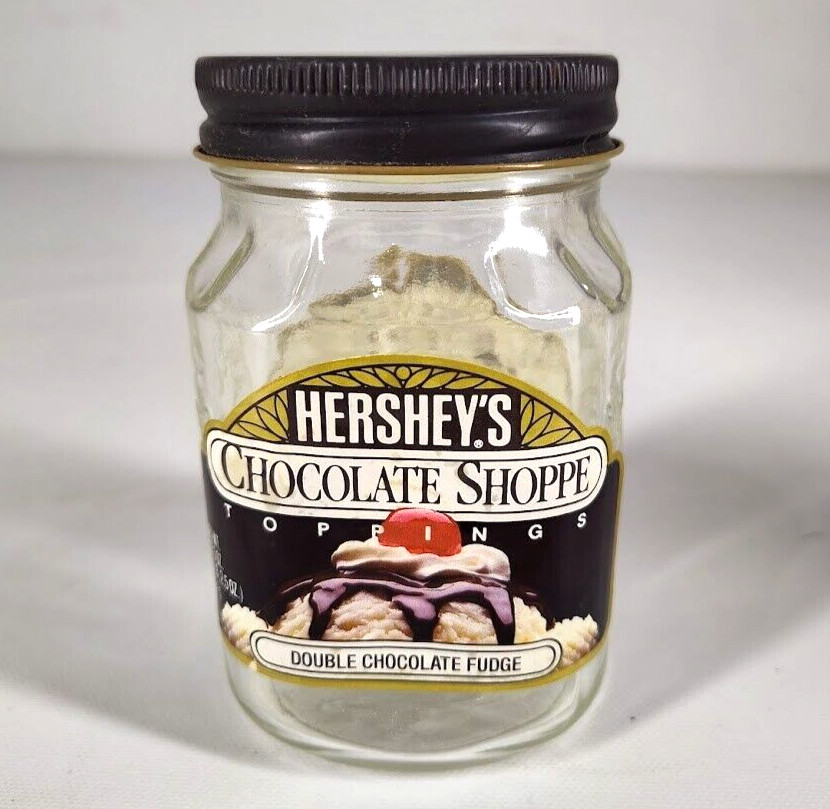 Hersey’s Chocolate Shoppe Toppings Glass Jar W/ Metal Lid / Label Vtg Hersey’s Chocolate Shoppe Toppings Glass Jar W/ Metal Lid / Label Vtg