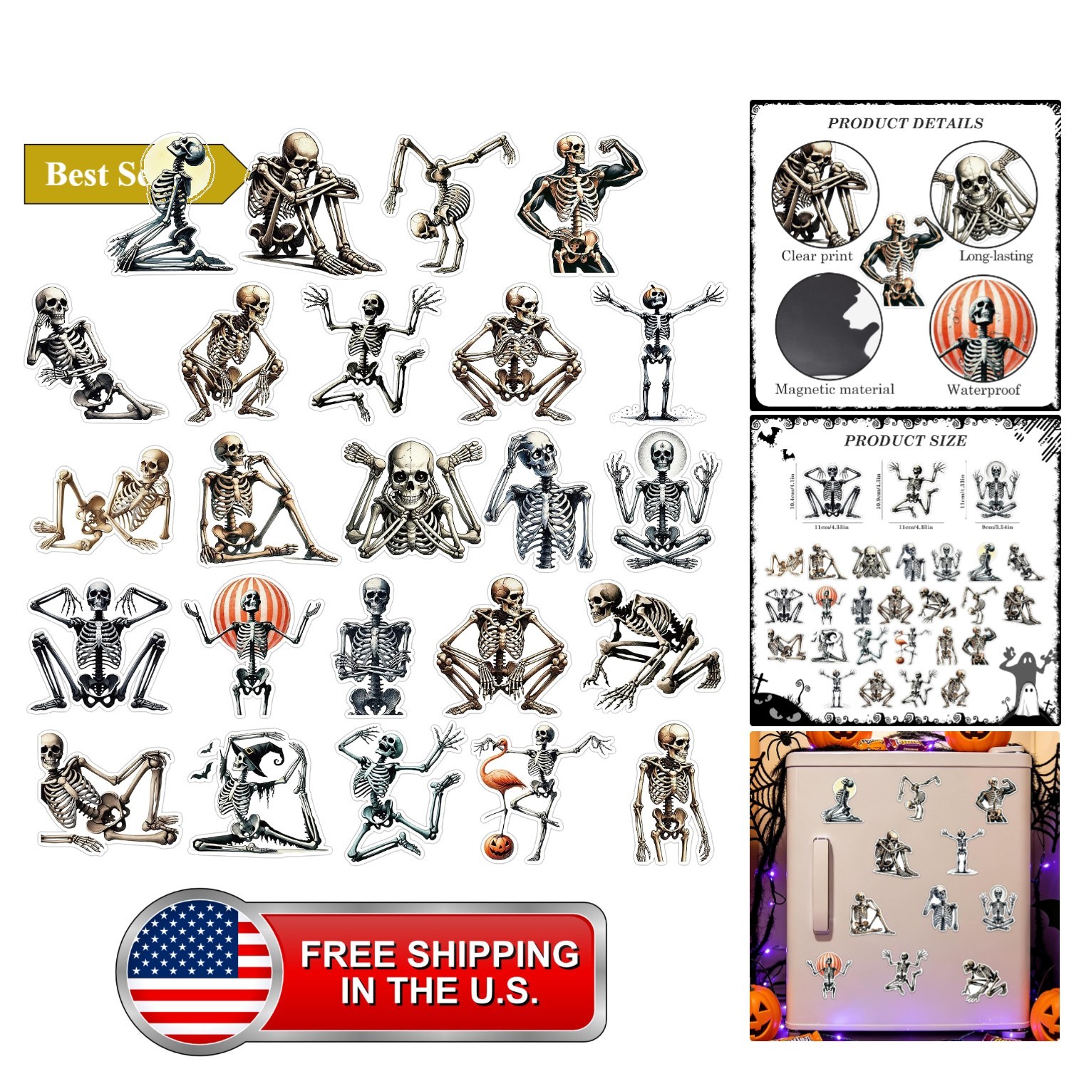 24 Pcs Halloween Fridge Magnets, Funny Skeleton Designs 24 Pcs Halloween Fridge Magnets, Funny Skeleton Designs