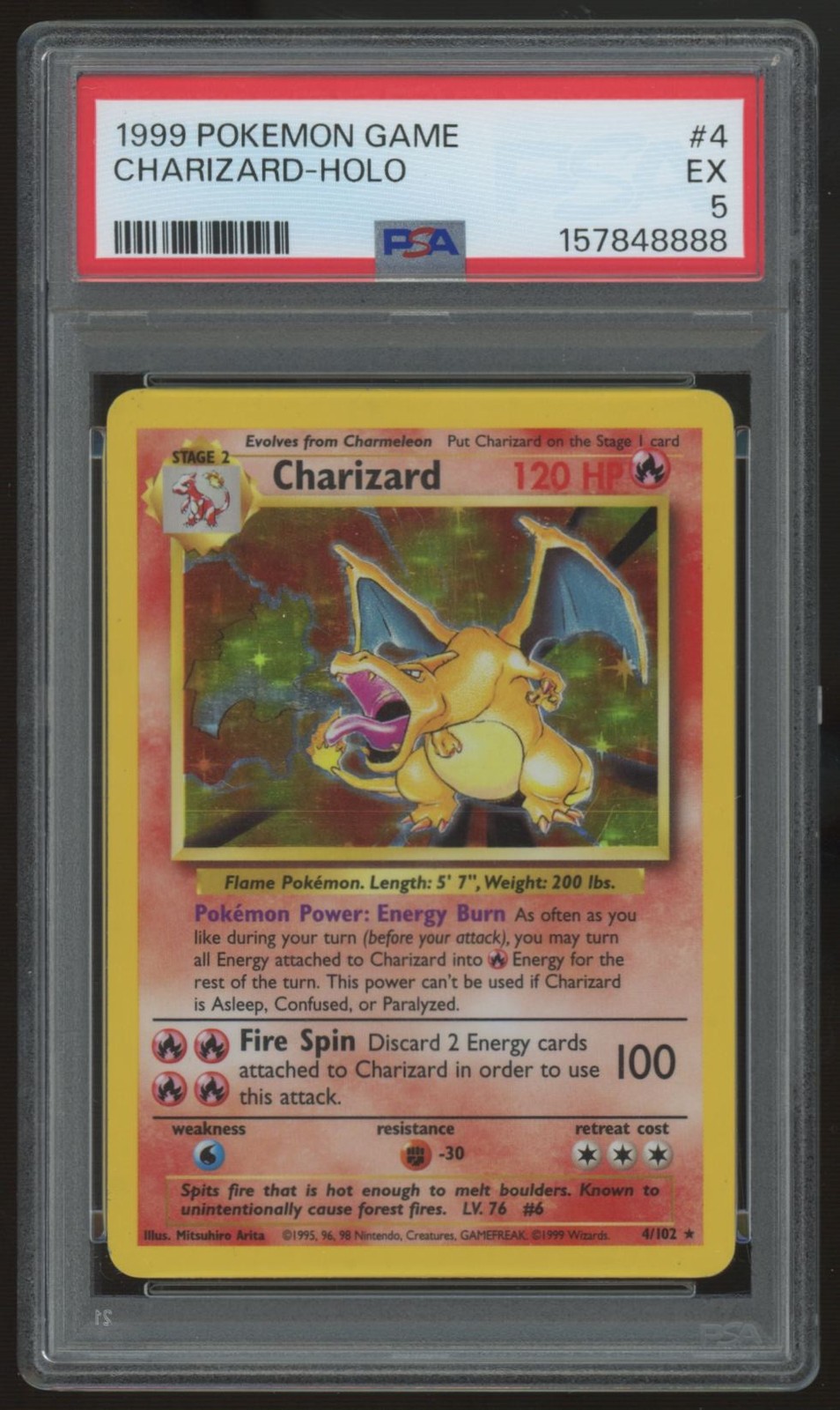 1999 Pokemon Charizard Base Set Unlimited Holo #4 PSA 5 (F) 1999 Pokemon Charizard Base Set Unlimited Holo #4 PSA 5 (F)