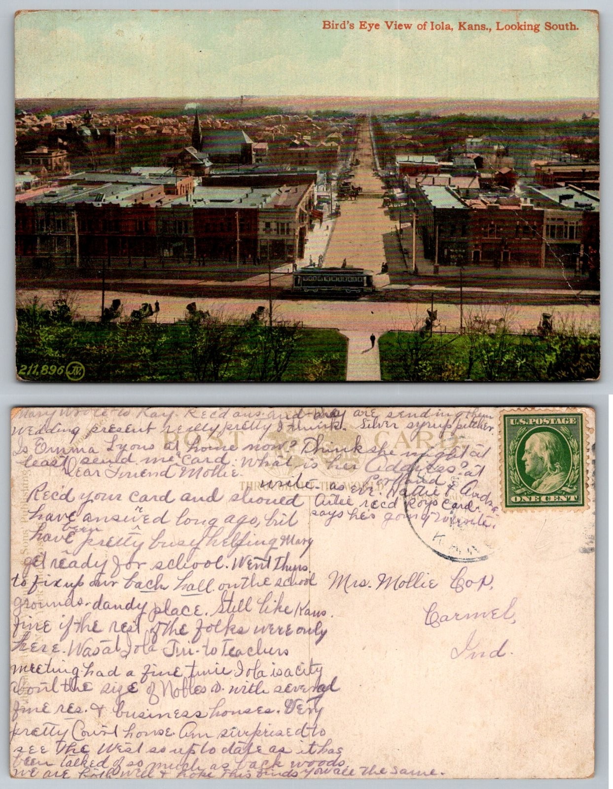 Standard Iola Kansas Bird's Eye View Streetcar Postcard