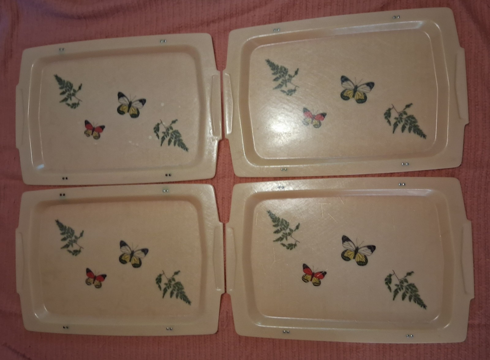 Set 4 Vintage MCM Retro Fiberglass TV Lap Trays Only No Legs Butterflies Rare 