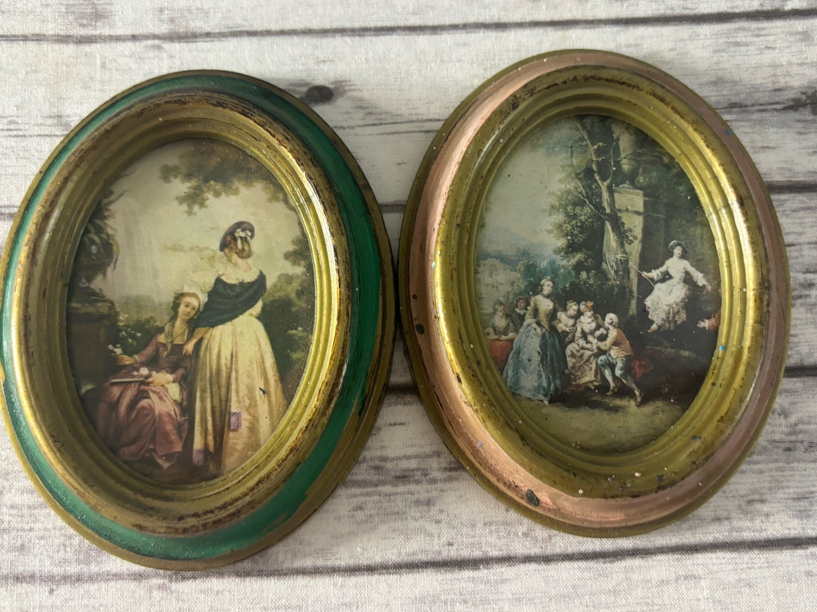VTG Pair Italian Art Print Oval Frame Action Pink Green Handcraft Italy Florence VTG Pair Italian Art Print Oval Frame Action Pink Green Handcraft Italy Florence