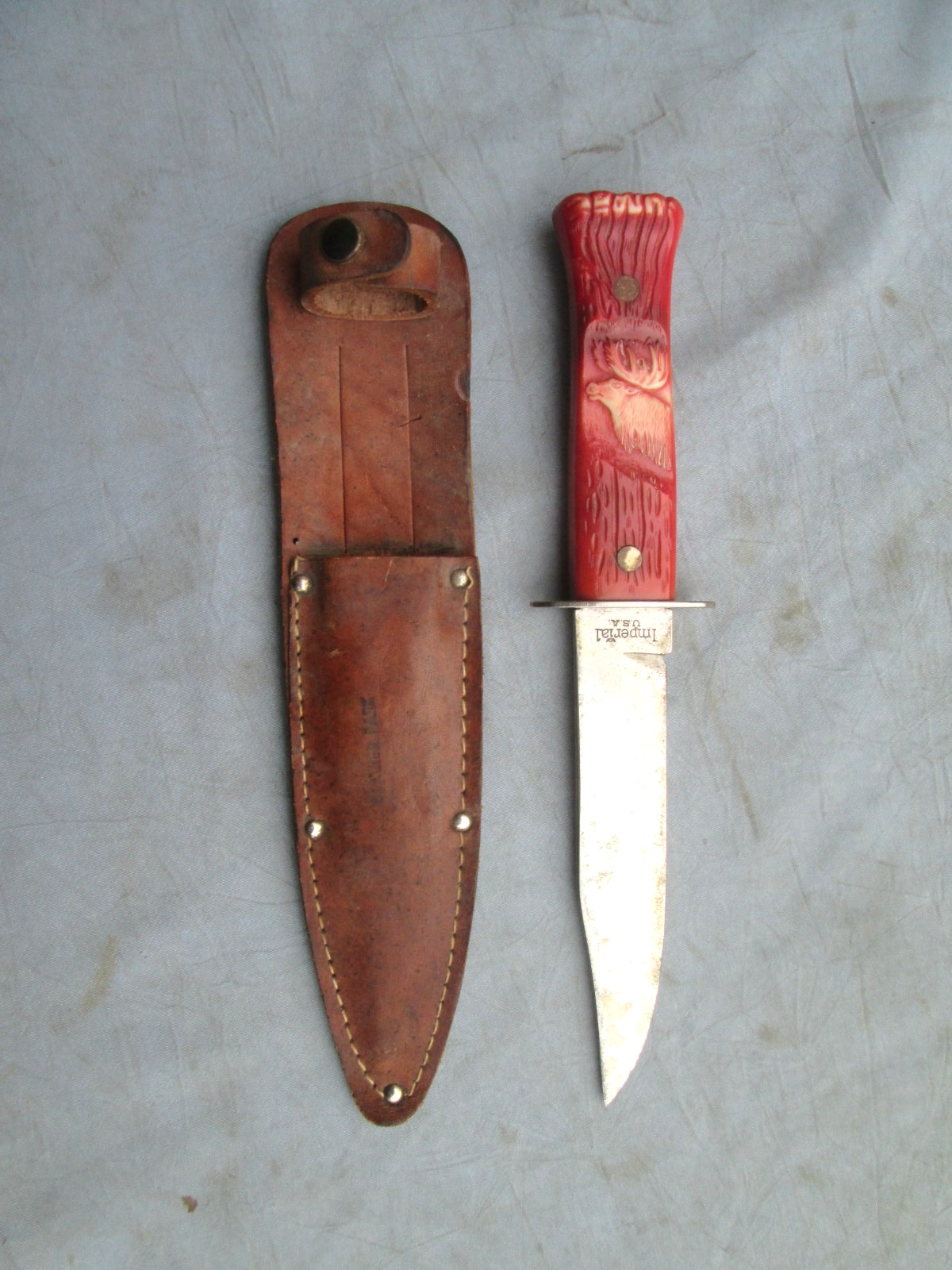 Vintage 1960's Imperial 5" Fixed Blade Knife Moose Scene Handle 9" w/ Sheath USA