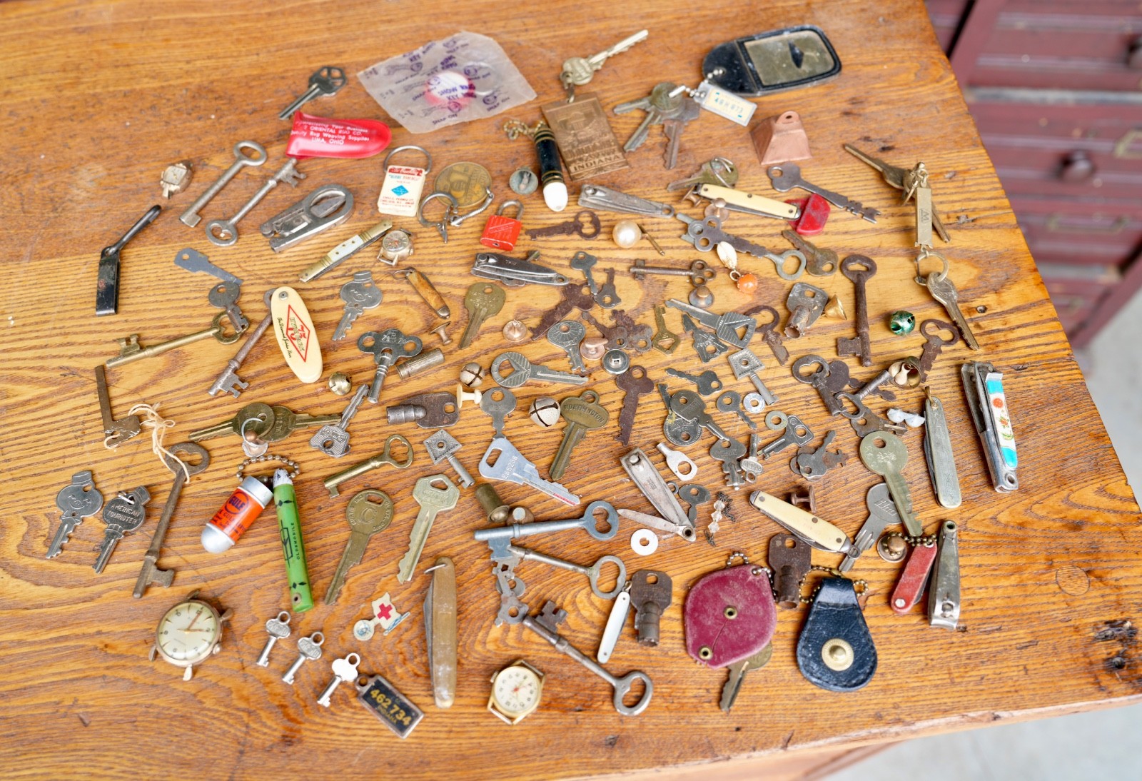 Antique Junk Drawer Lot Vintage Keys Pocket Knives Watches Trinkets Bells Antique Junk Drawer Lot Vintage Keys Pocket Knives Watches Trinkets Bells