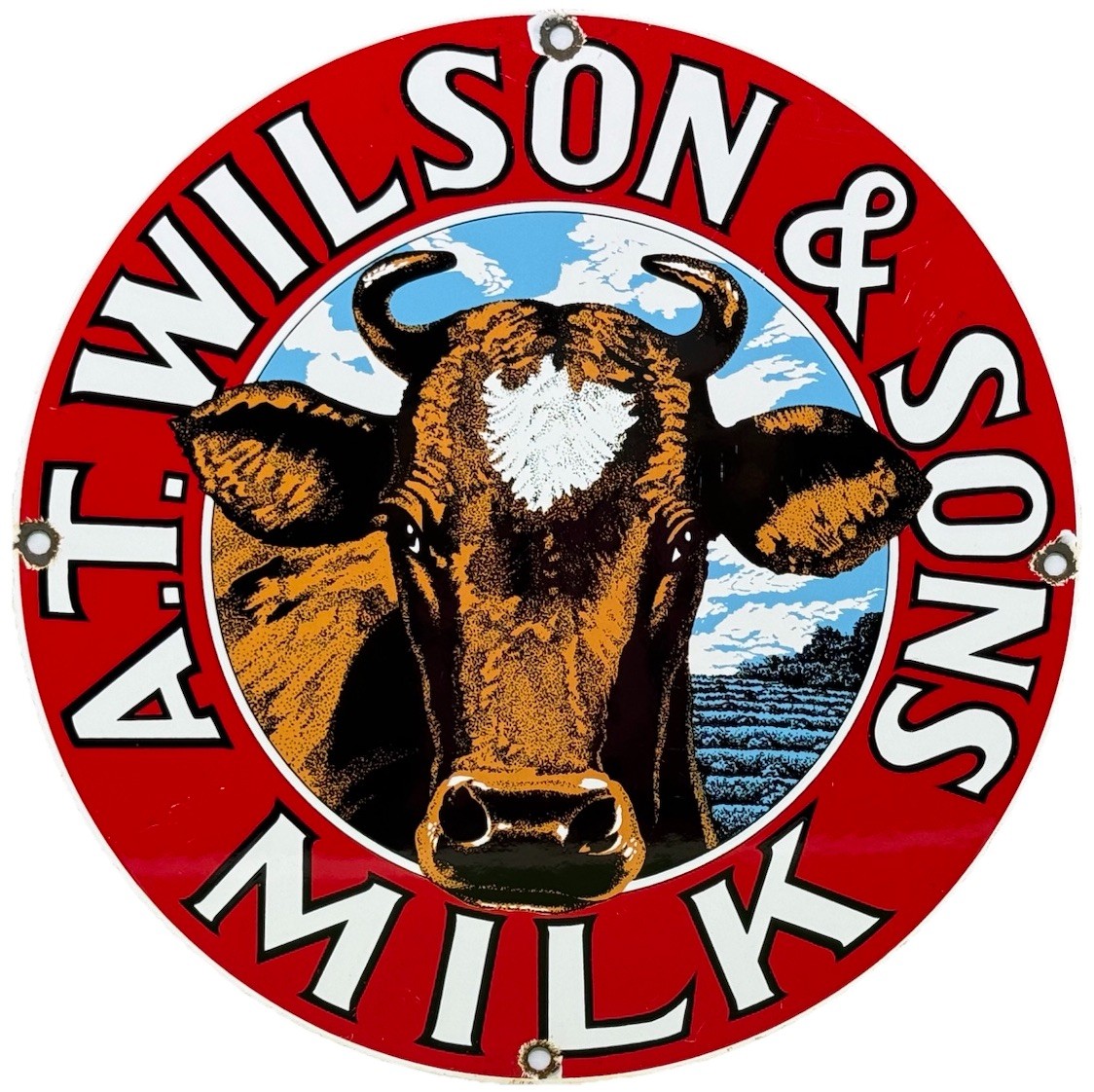 VINTAGE A.T. WILSON & SONS MILK PORCELAIN SIGN FARM COW DAIRY GROCERY STORE VINTAGE A.T. WILSON & SONS MILK PORCELAIN SIGN FARM COW DAIRY GROCERY STORE
