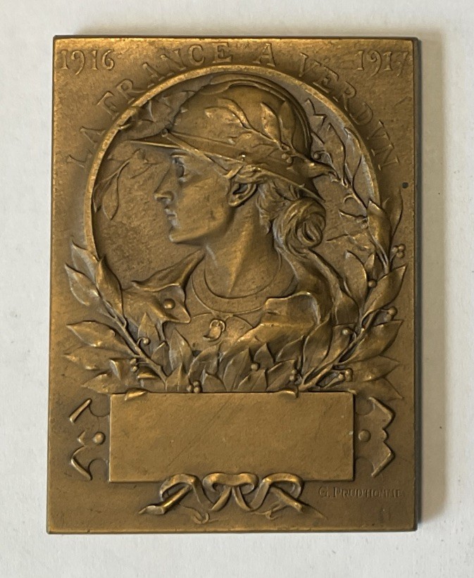 ANTIQUE 1917 LA FRANCE A VERDUN Georges-Henri Prudhomme BRONZE plaque MEDAL 63mm ANTIQUE 1917 LA FRANCE A VERDUN Georges-Henri Prudhomme BRONZE plaque MEDAL 63mm