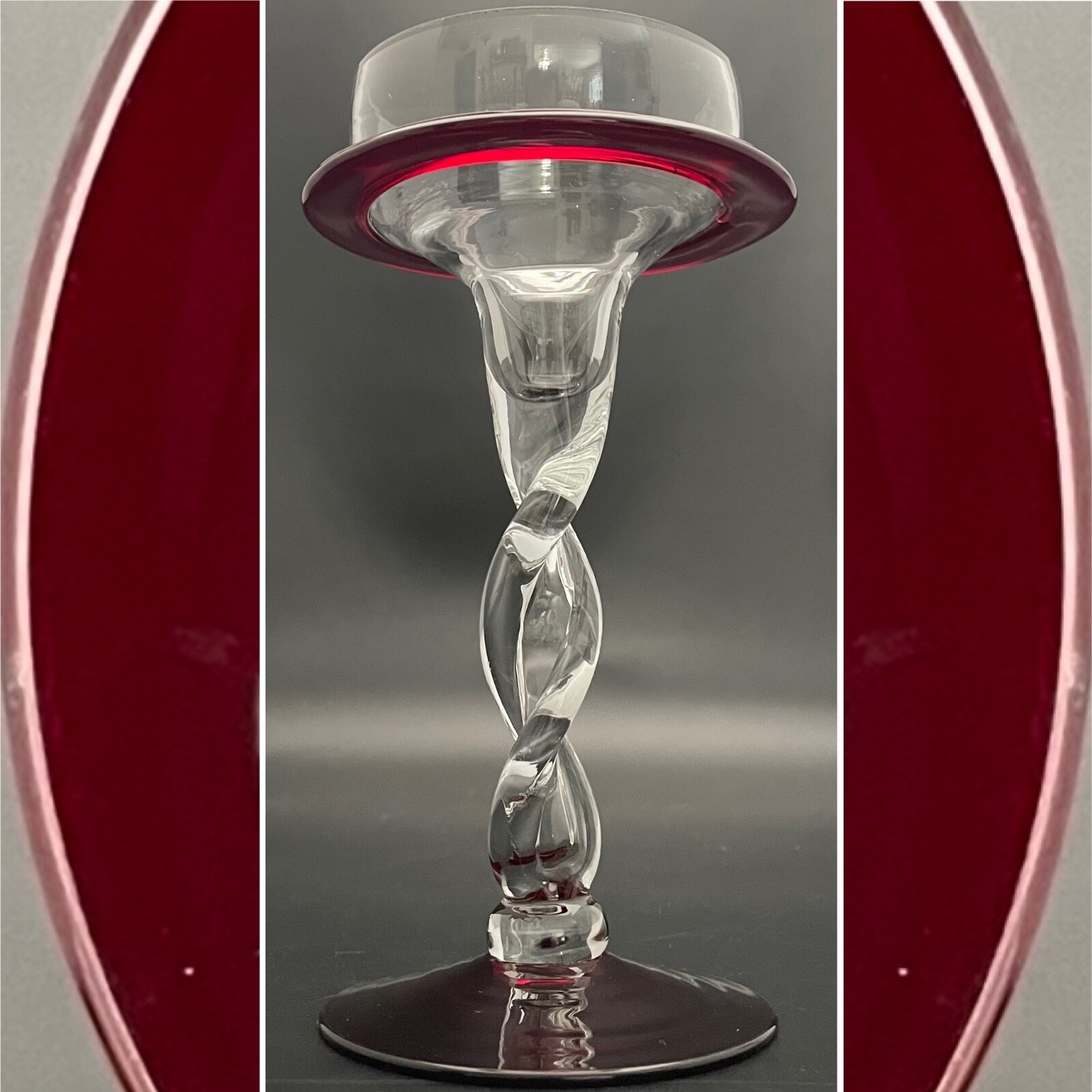 Krosno Jozefina Art Glass Spiral Twisted Burgundy Pillar Candleholder Poland 7"t Krosno Jozefina Art Glass Spiral Twisted Burgundy Pillar Candleholder Poland 7"t