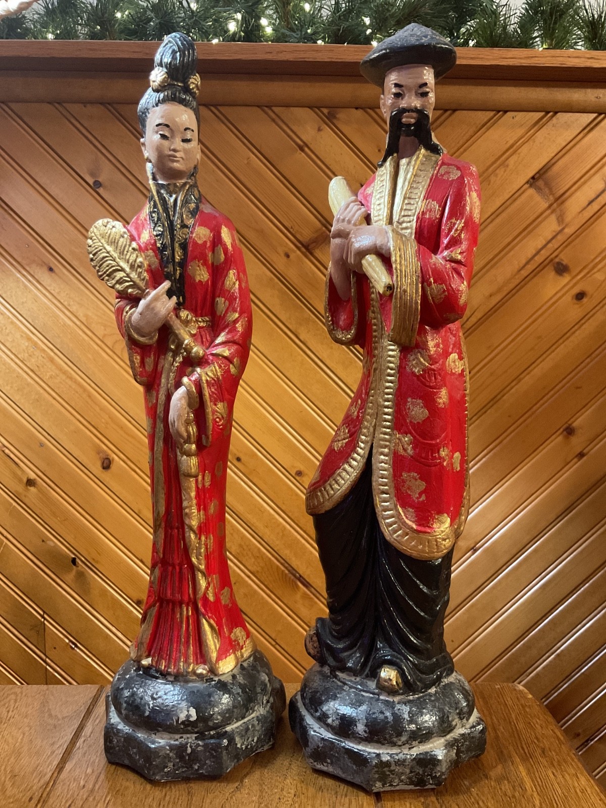 RARE Set 1950's Asian 19" Tall Red, Black ,Gold Chalkware Handpainted Figures RARE Set 1950's Asian 19" Tall Red, Black ,Gold Chalkware Handpainted Figures