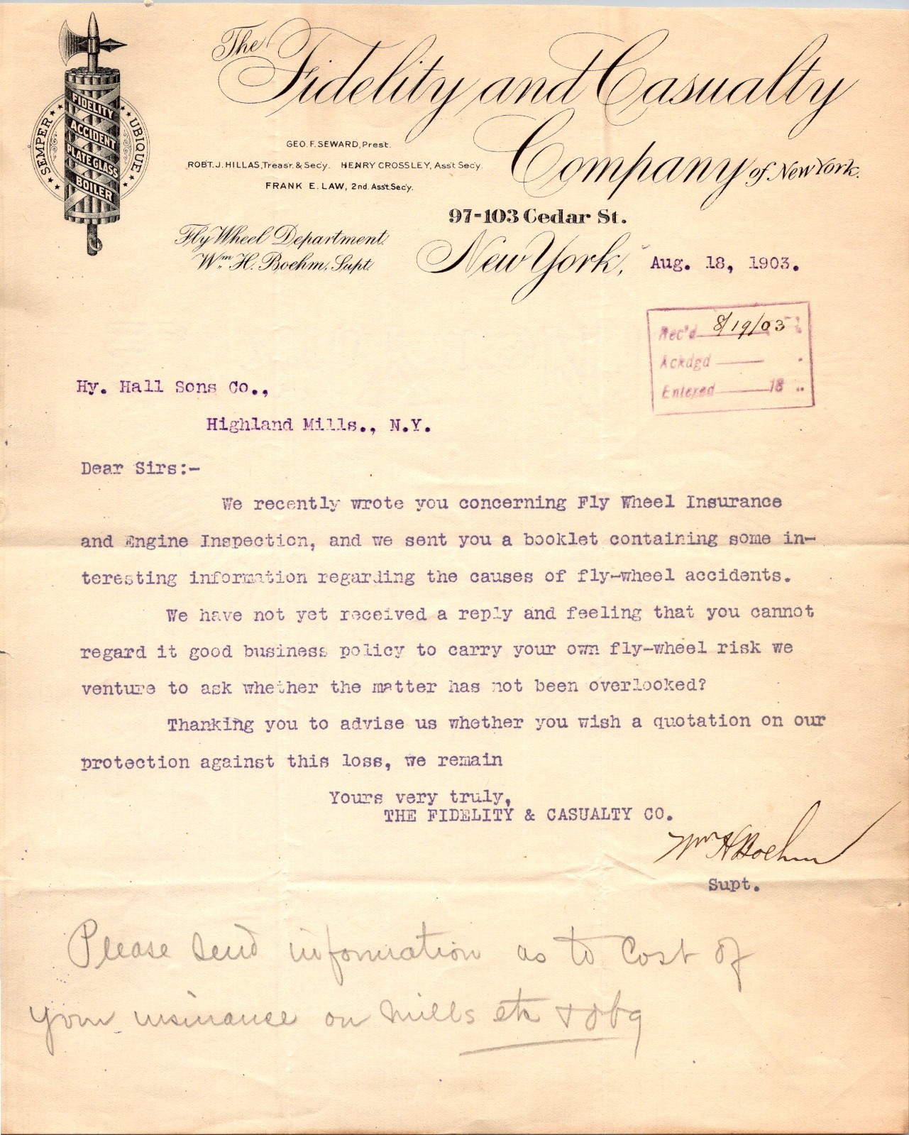 The Fidelity & Casualty Co 1903 Wm H Boehm NY Antique Letterhead Billhead TC26 The Fidelity & Casualty Co 1903 Wm H Boehm NY Antique Letterhead Billhead TC26