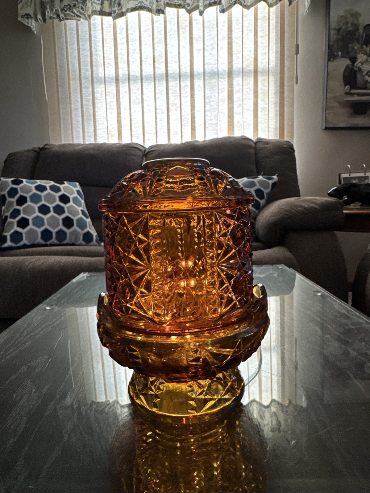 Vtg Indiana Glass Amber Stars & Bars Fairy Lamp Candle Holder Bottom Broken Vtg Indiana Glass Amber Stars & Bars Fairy Lamp Candle Holder Bottom Broken