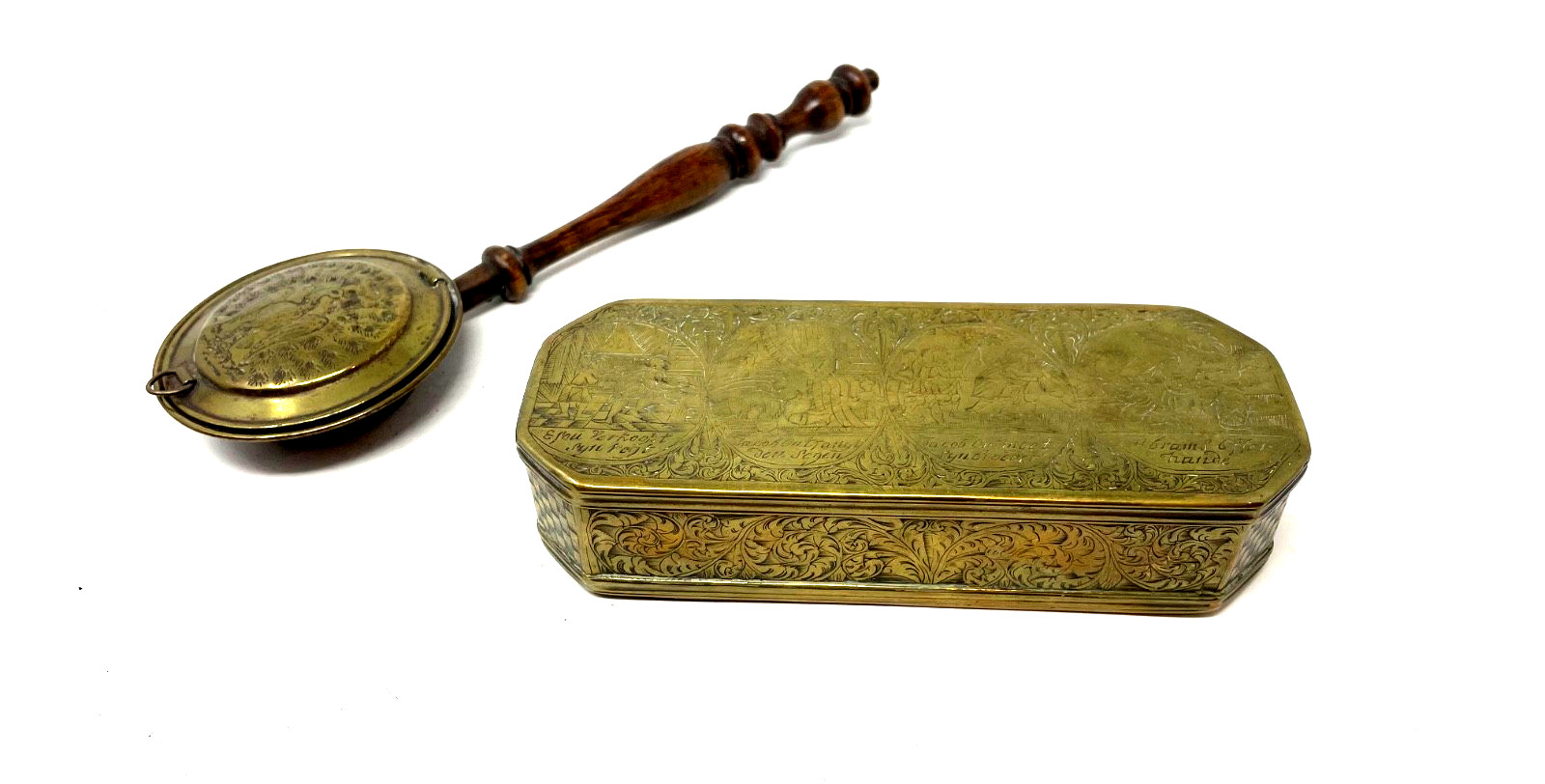 lot of 2, An Early 18th Century Dutch Tabacco box and Miniature Bed Warmer Tray lot of 2, An Early 18th Century Dutch Tabacco box and Miniature Bed Warmer Tray