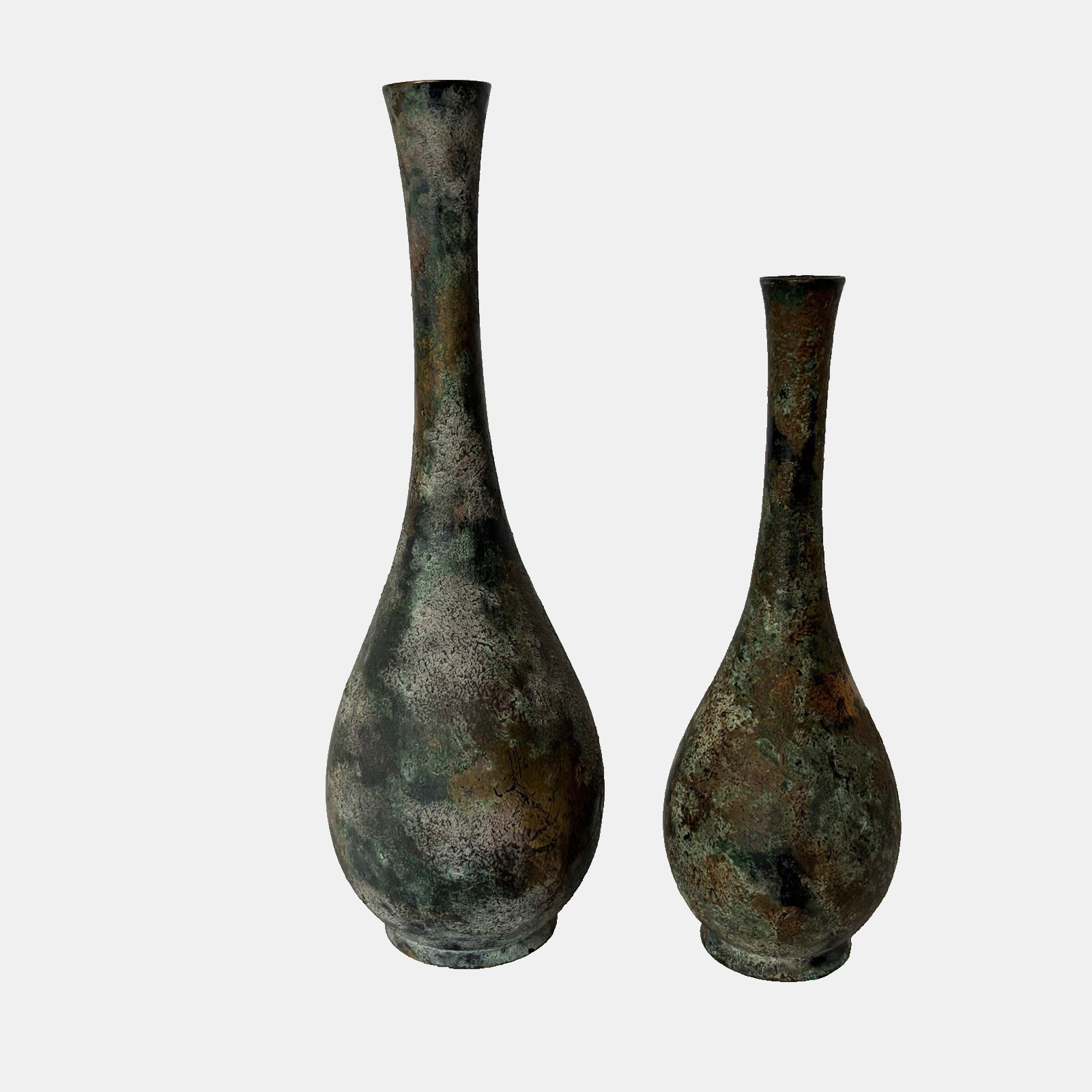 2 Vtg Japanese Bud Vases 9" + 7.5" Murashido Verdigris Patina MCM Ikebana Japan 2 Vtg Japanese Bud Vases 9" + 7.5" Murashido Verdigris Patina MCM Ikebana Japan