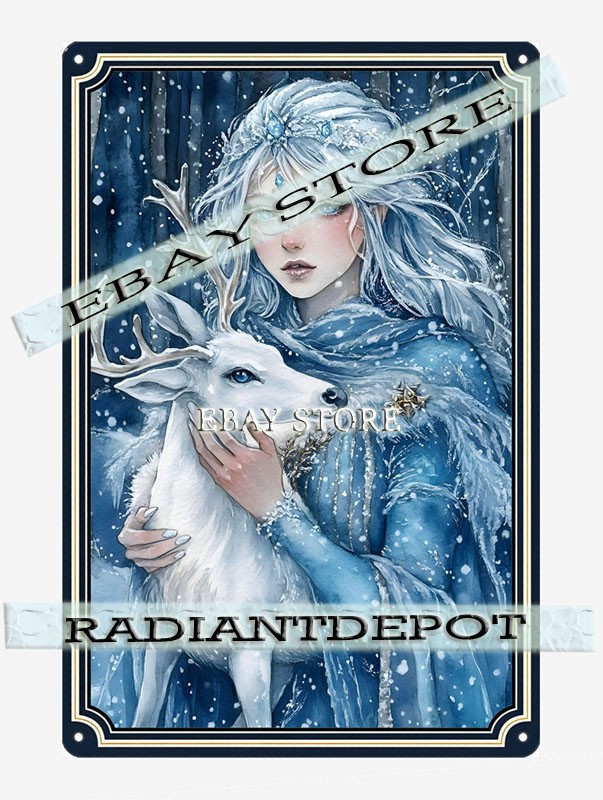 winter girl with deer wall art Metal Tin Sign enchanted forest feminine fairytal