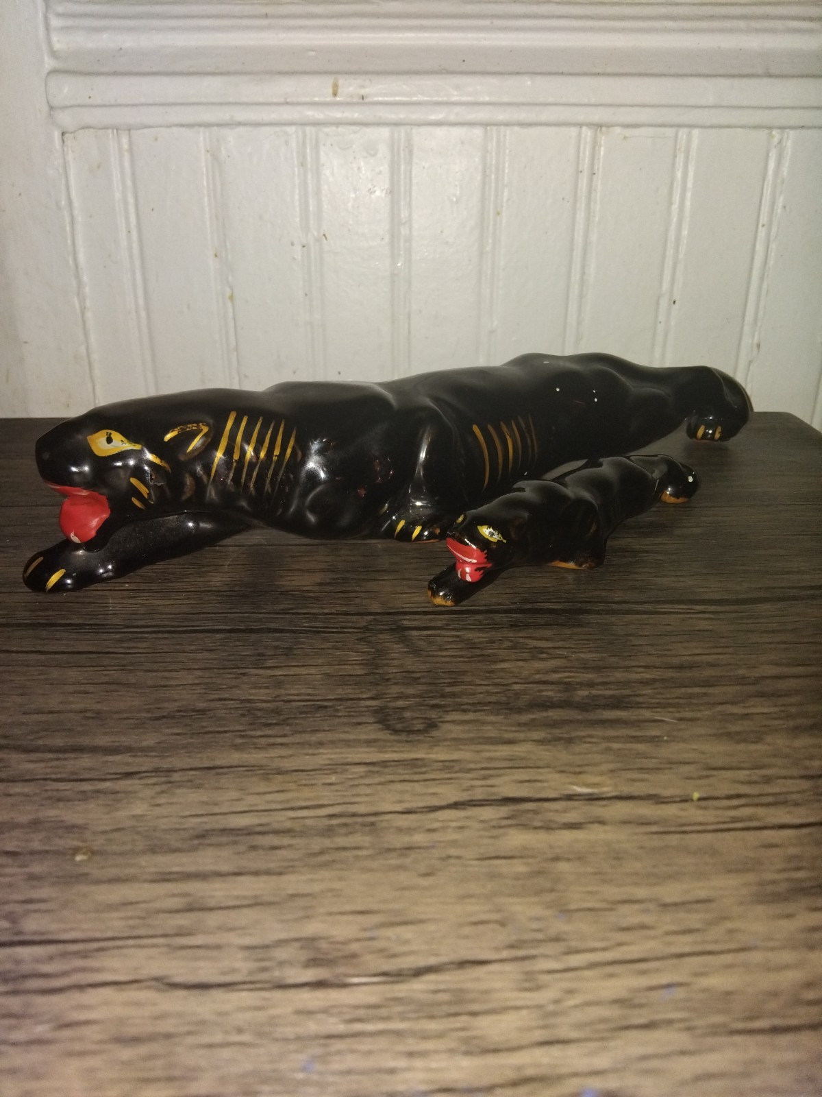 Vintage 1950s Ceramic Black Panther Set Cub Mom Japan Redware MCM Prowling 5.5"