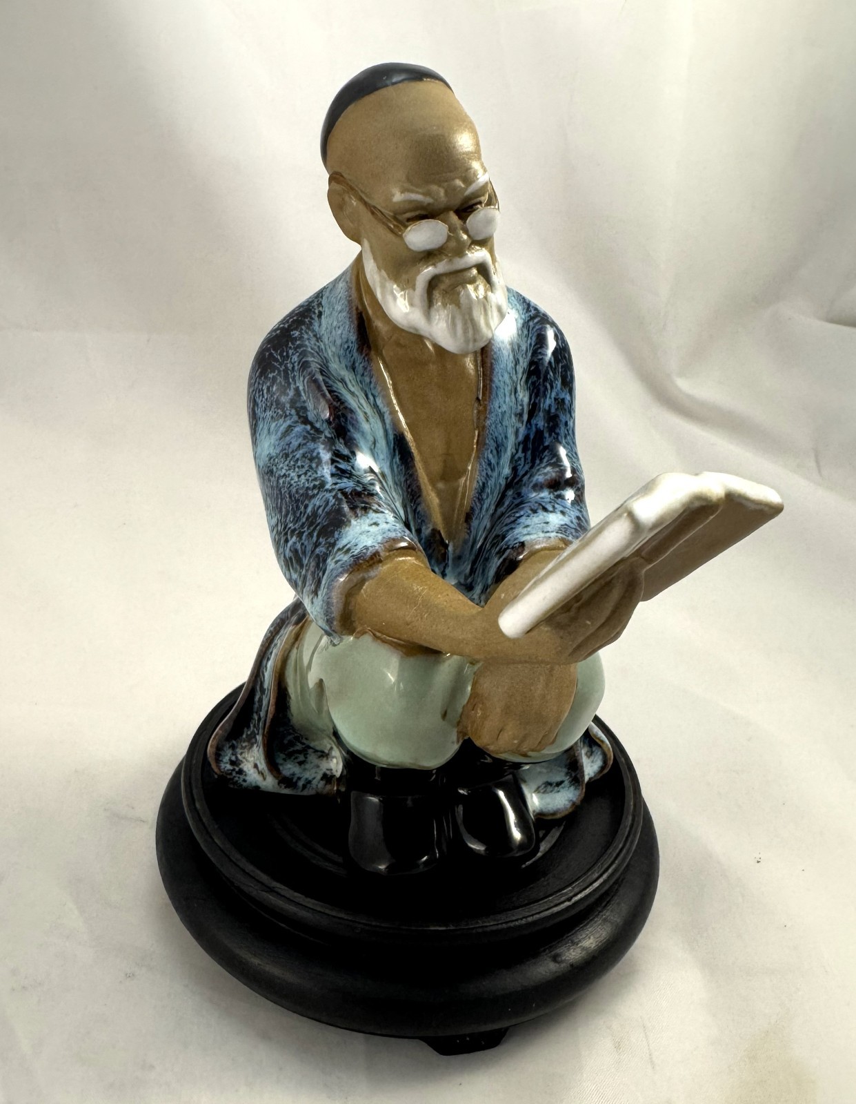 Vintage Chinese Mudman Figurine Man Reading Book 5.5" Wood base incl.