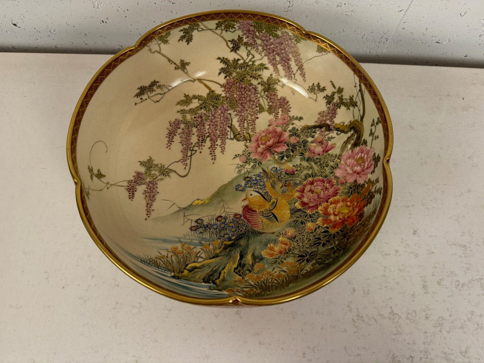 Antique Japanese Satsuma Koshida Lobed Bowl Wisteria Peonies Mandarin Ducks 9.5"