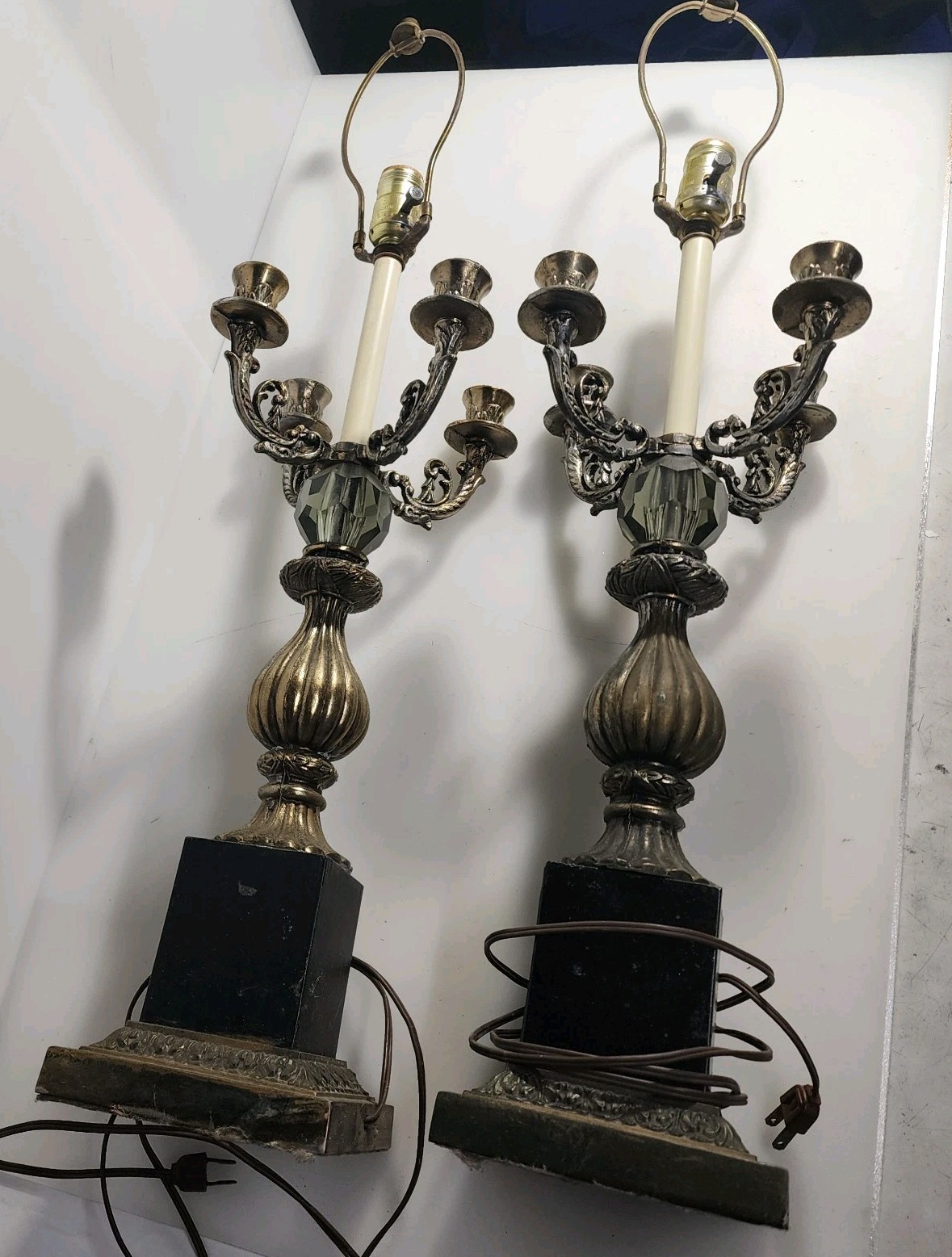 Vintage Pair Candelabra Lamps Electrified Bronze Black 4 Arm 31.5" Tall Vintage Pair Candelabra Lamps Electrified Bronze Black 4 Arm 31.5" Tall