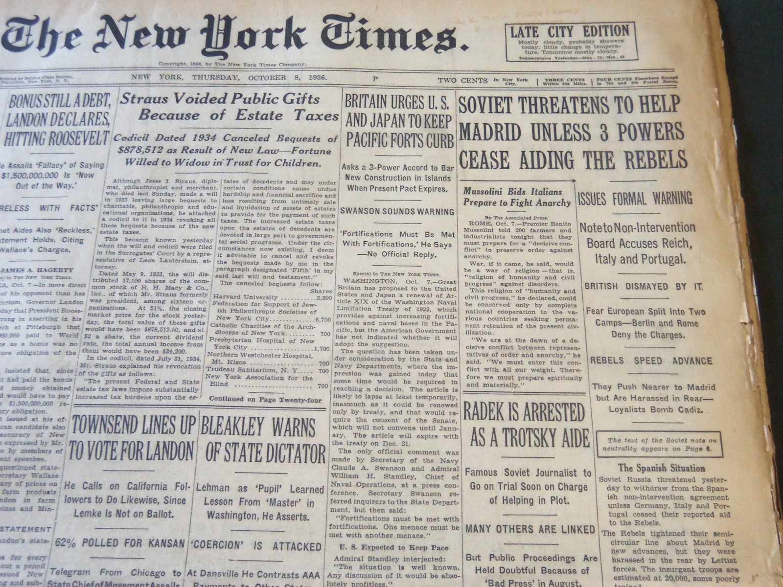 1936 OCTOBER 8 NEW YORK TIMES - SOVIET THREATENS TO HELP MADRID - NT 6692 1936 OCTOBER 8 NEW YORK TIMES - SOVIET THREATENS TO HELP MADRID - NT 6692