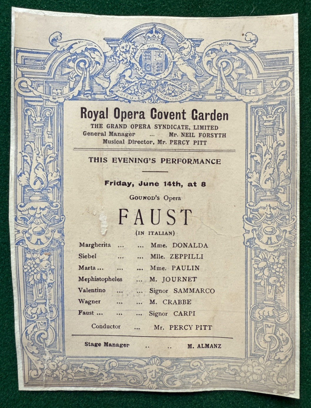 Antique Victorian Royal Opera House Covent Garden Programme Faust Donalda Antique Victorian Royal Opera House Covent Garden Programme Faust Donalda