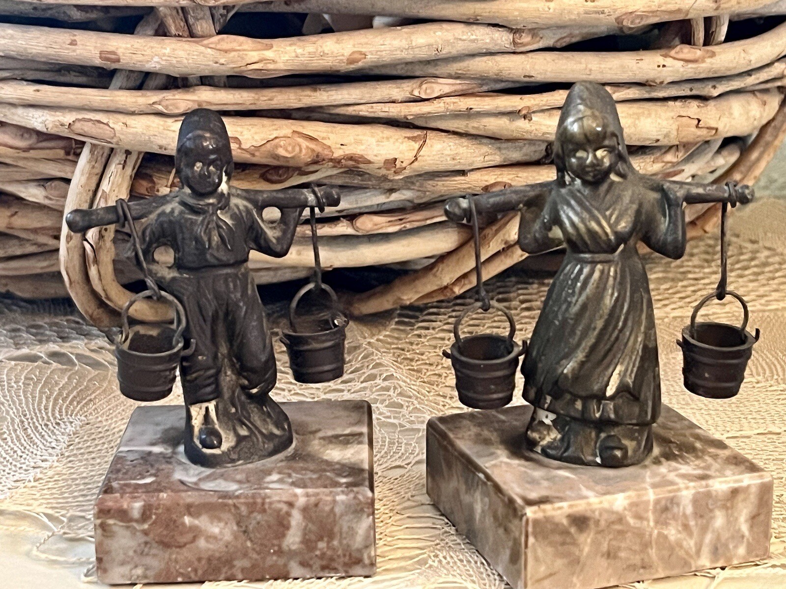 VTG Brass Bronze Dutch Boy Girl Figurines Water Buckets Marble Base Pair 4.5" VTG Brass Bronze Dutch Boy Girl Figurines Water Buckets Marble Base Pair 4.5"
