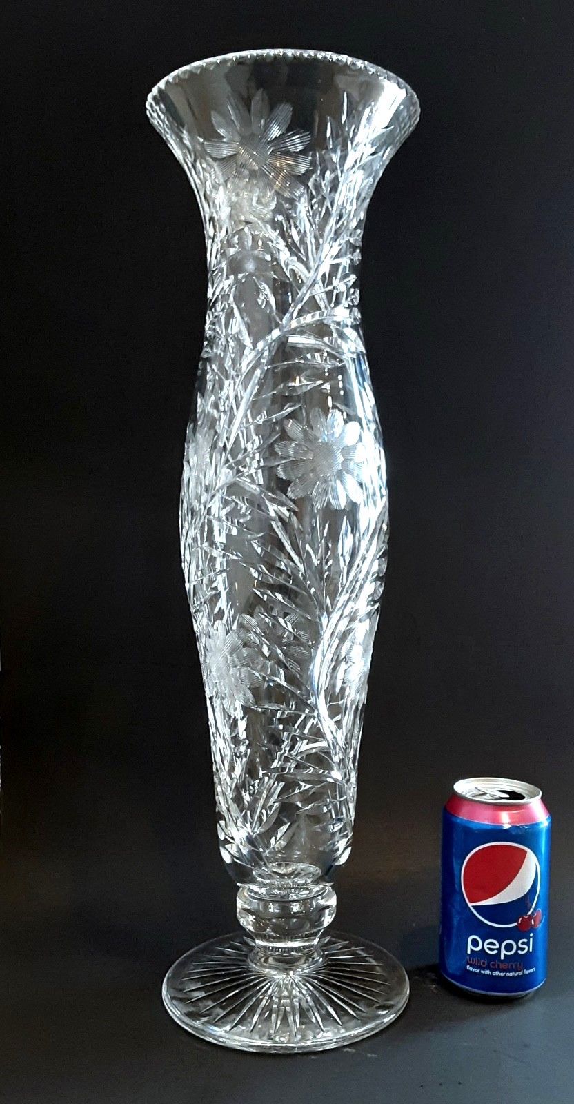 Antique HUGE 20.5" American Brilliant Cut Glass FLOWERS Floral Footed Vase ABPCG