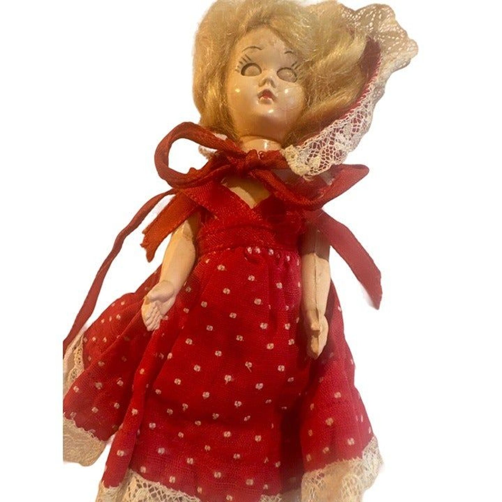 Antique Vintage Nancy Ann Storybook Doll Eyes Open And Close Red White Dress Bon