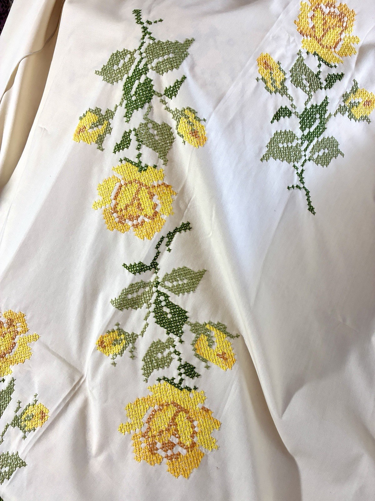VTG Hand embroidery Cross Stitch Floral Tablecloth Mustard Yellow 57” X 87” VTG Hand embroidery Cross Stitch Floral Tablecloth Mustard Yellow 57” X 87”