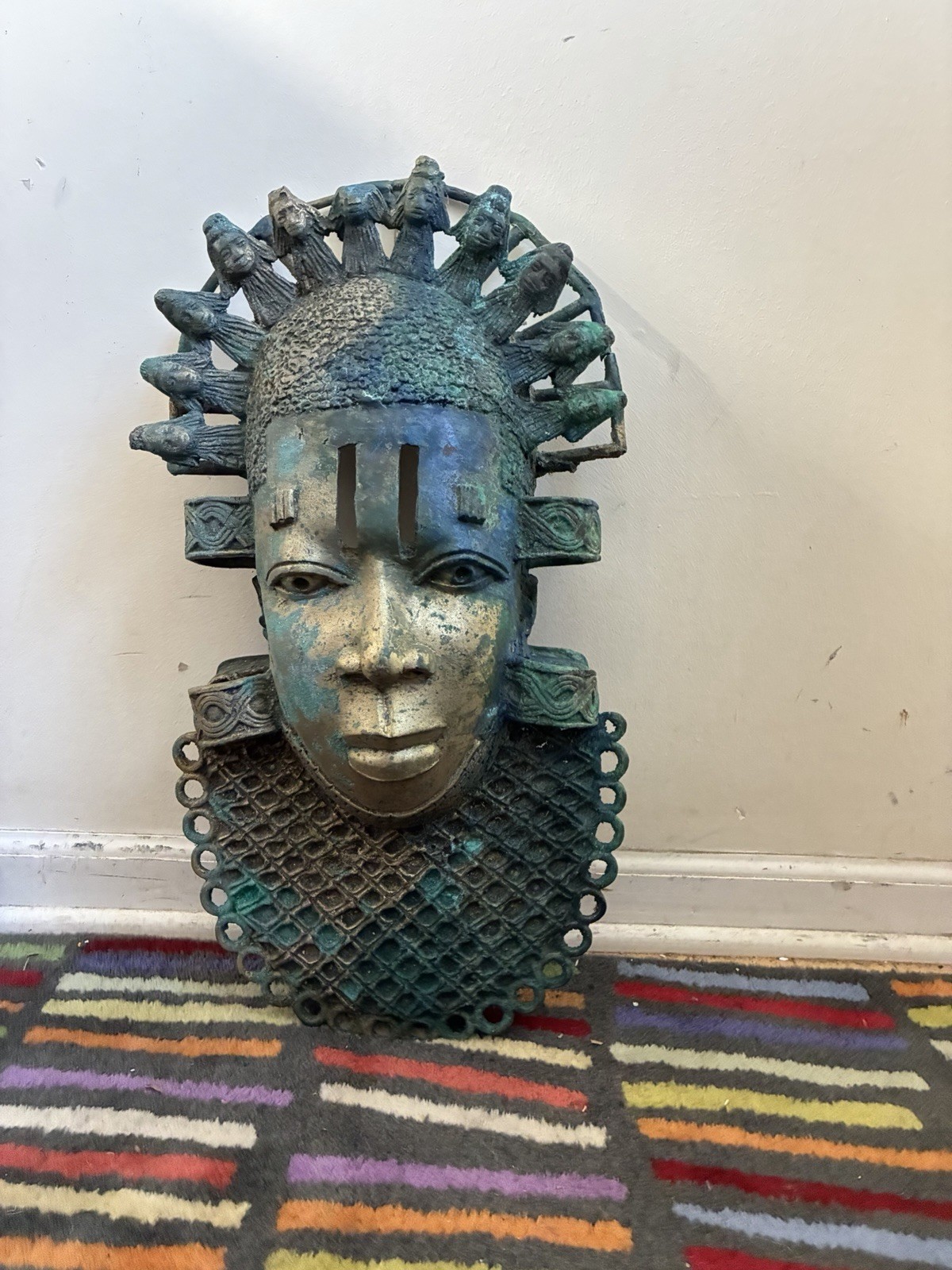 Vintage Benin Bronze Mask Sculpture Nigeria African Art Heavy Brass Statue 22" Vintage Benin Bronze Mask Sculpture Nigeria African Art Heavy Brass Statue 22"