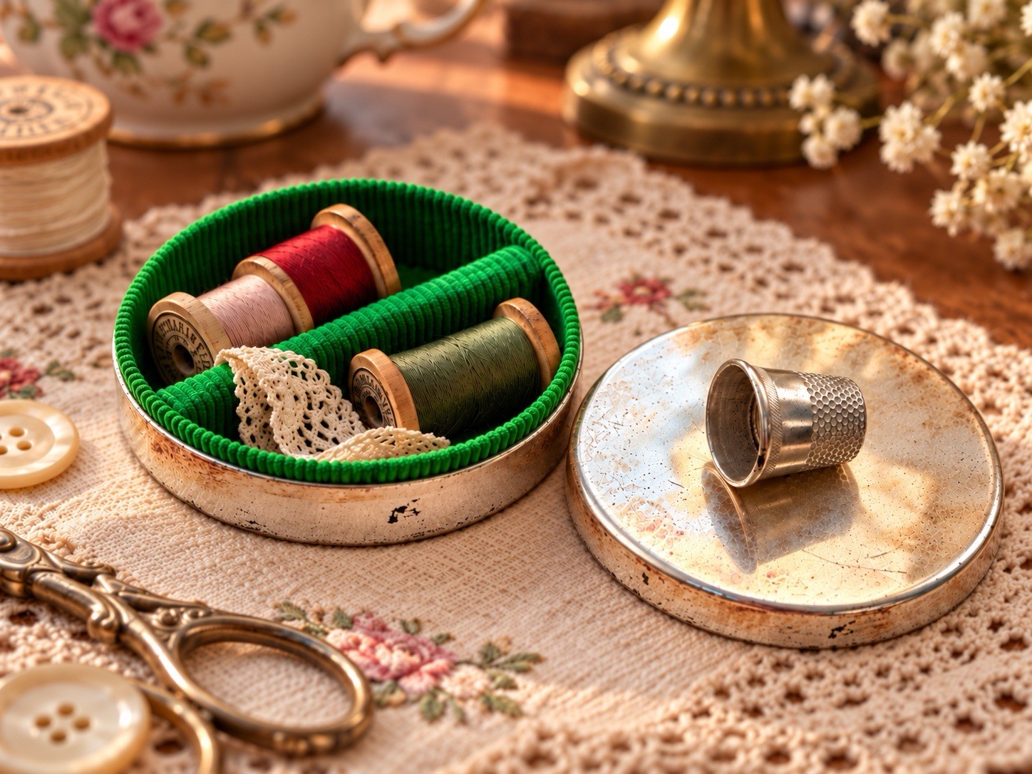 Vintage 1950s Napier Silver Plated Sewing Kit Box Thimble Lid Green Interior Vintage 1950s Napier Silver Plated Sewing Kit Box Thimble Lid Green Interior