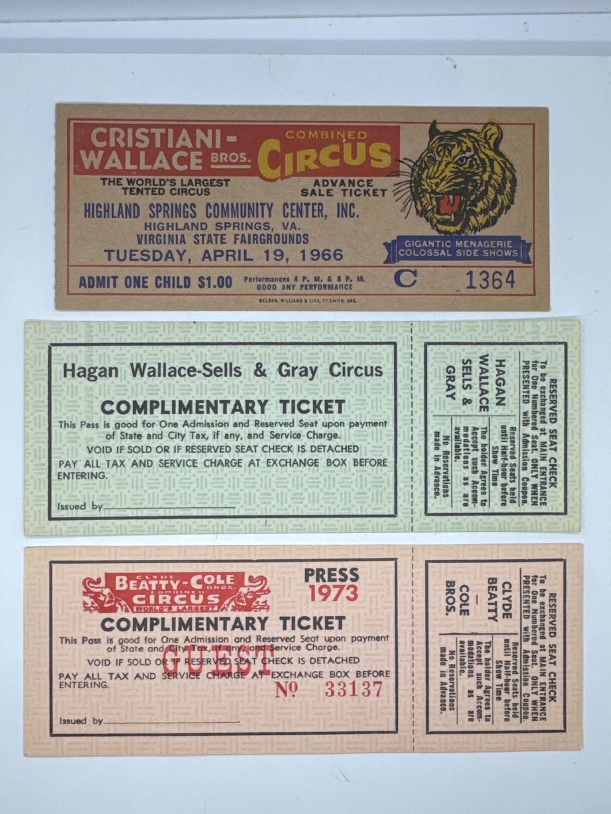 Vintage Circus Tickets Lot 1966–1973 Cristiani Wallace Beatty Cole Complimentary Vintage Circus Tickets Lot 1966–1973 Cristiani Wallace Beatty Cole Complimentary