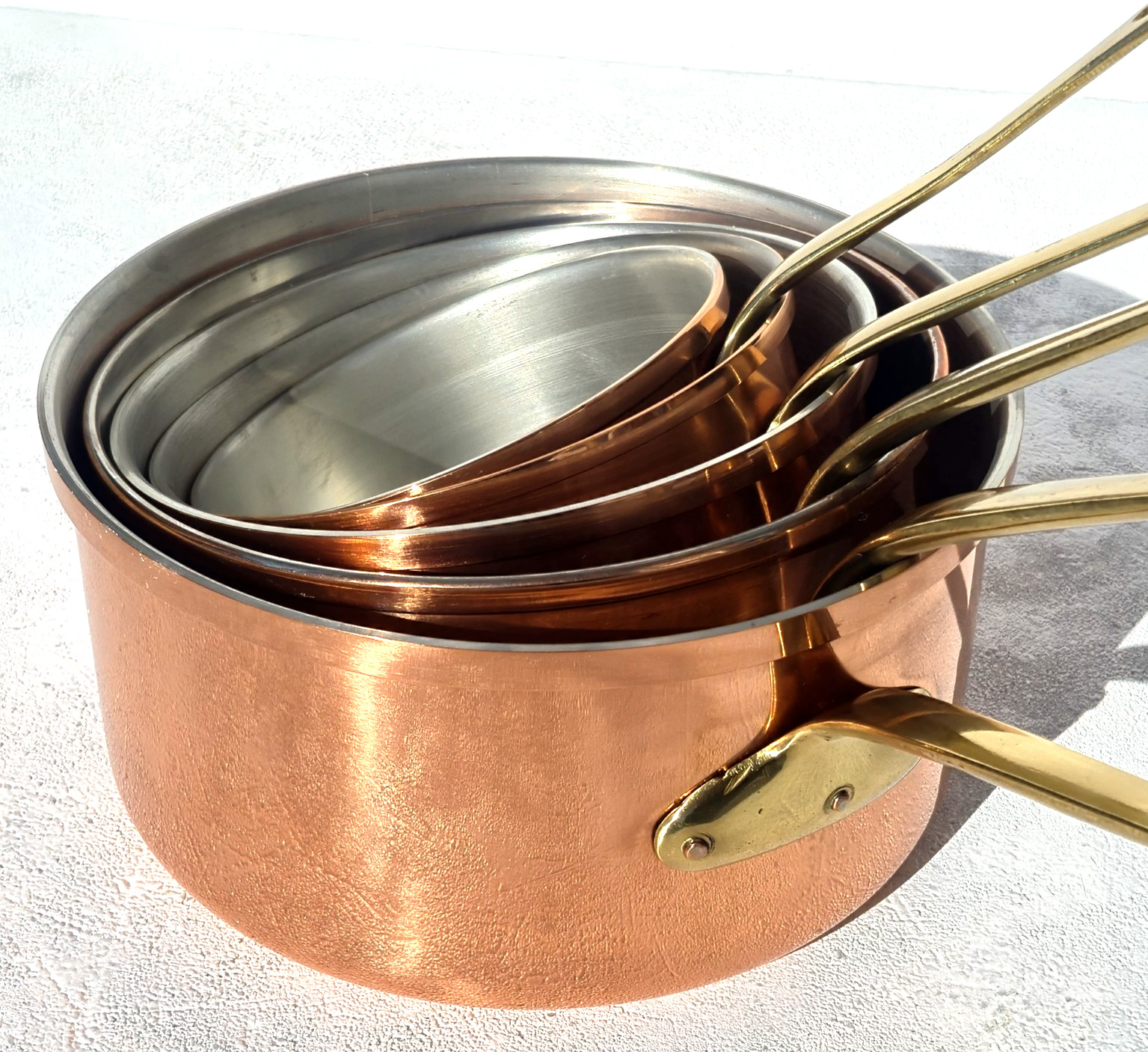 Vintage French Copper Pan Set of 5 Tin Lining Brass Handles Mint Condition 5.5lb