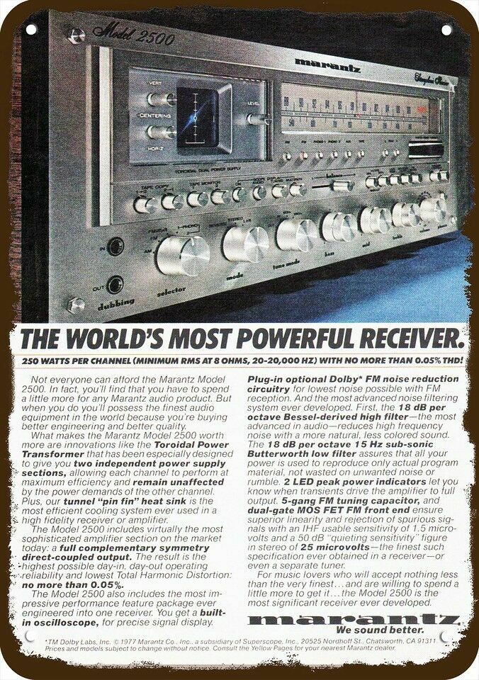 1977 MARANTZ 2500 STEREO RECEIVER Vintage Look **DECORATIVE REPLICA METAL SIGN**