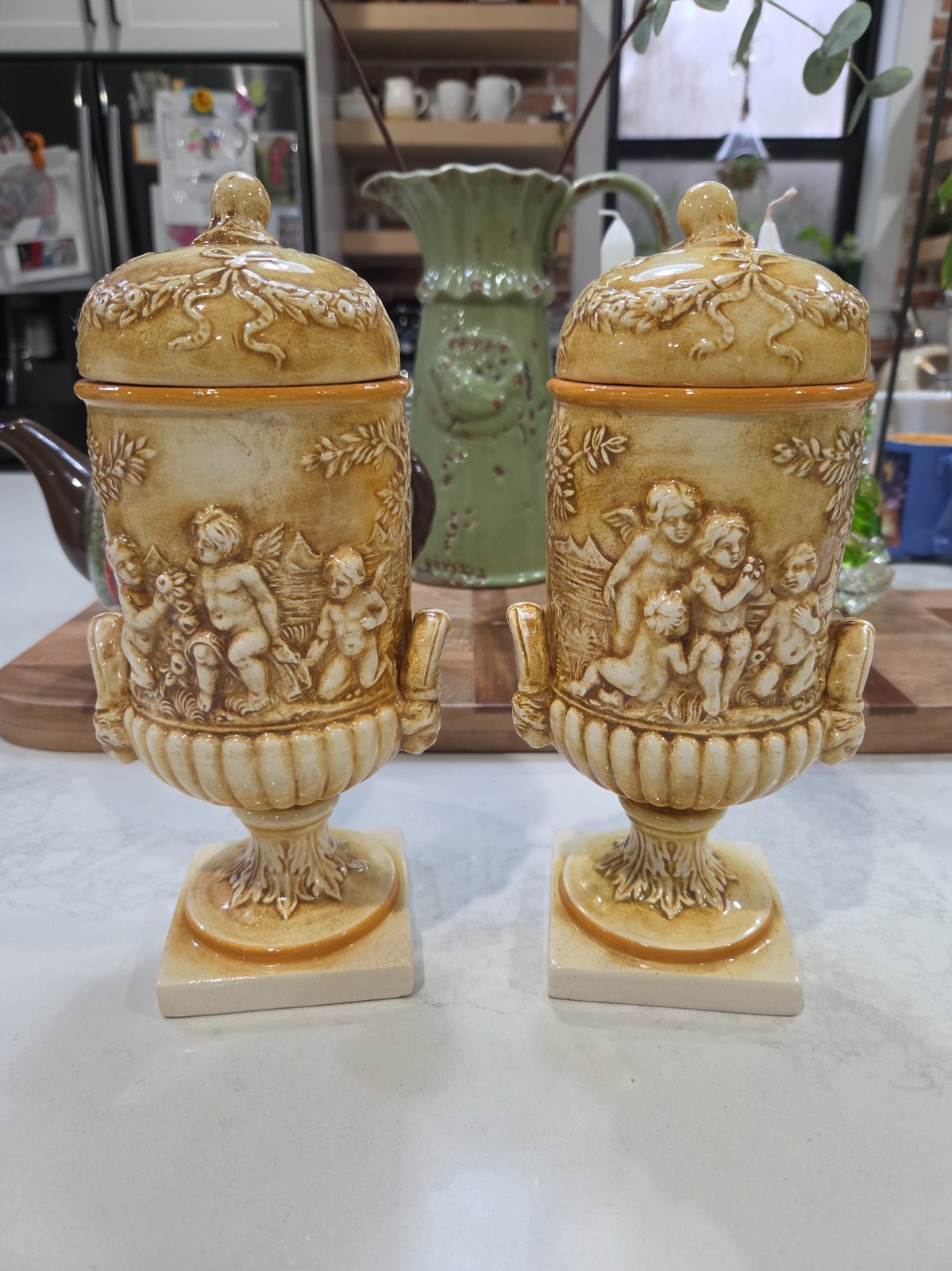Vintage Pair MCM Italian Capodimonte Style Cherub Putti Lidded Urn Vase Signed Vintage Pair MCM Italian Capodimonte Style Cherub Putti Lidded Urn Vase Signed