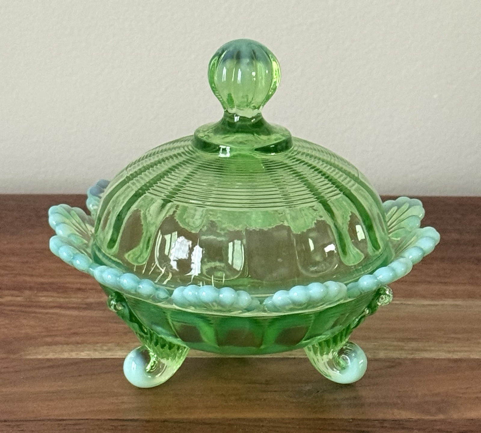 Mosser Glass - COVERED FOOTED CANDY DISH - GREEN OPAL - 5" d x 4.5" h