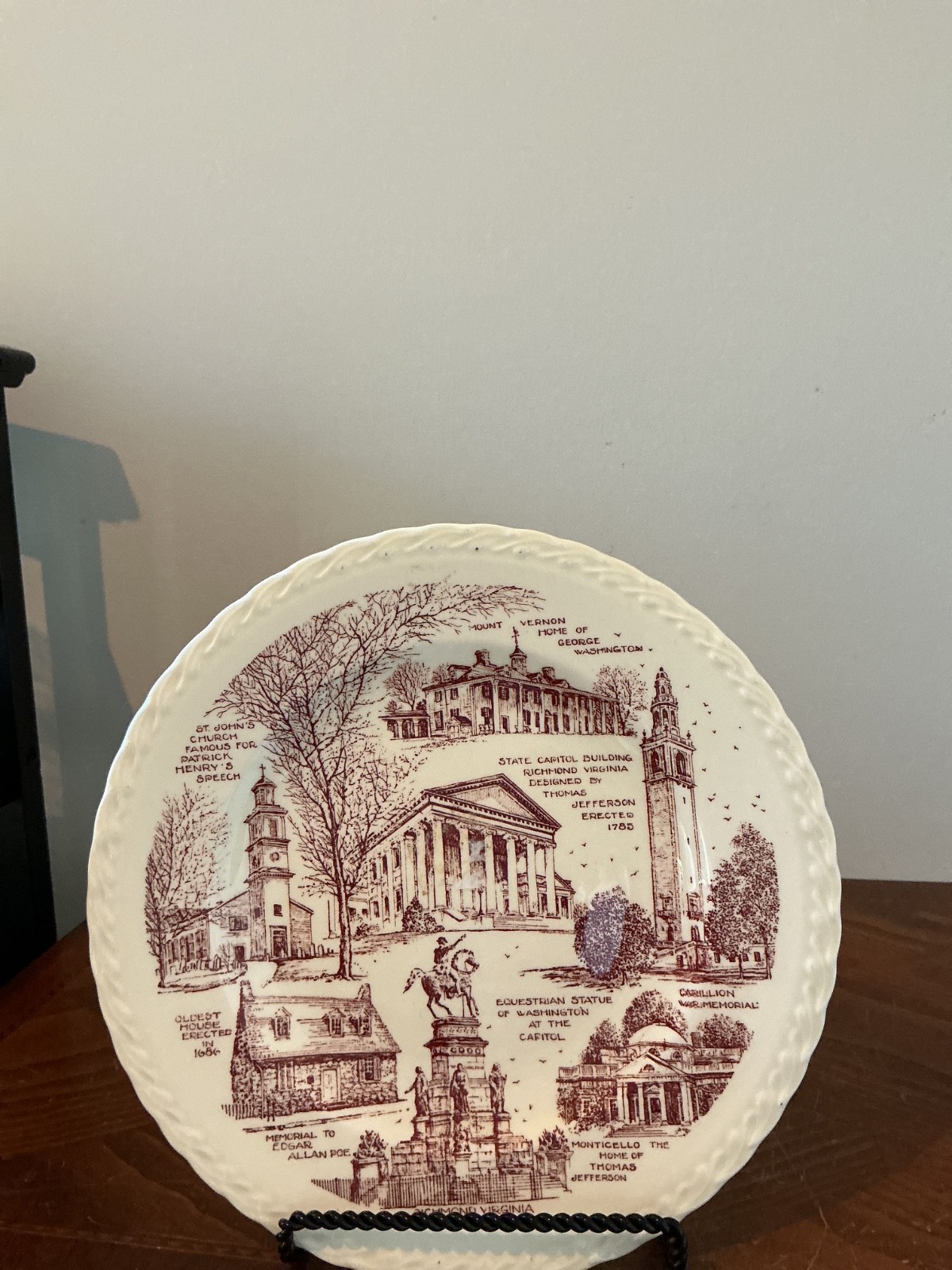 vintage brown transferware collector's plate depicting famous historical Virgini vintage brown transferware collector's plate depicting famous historical Virgini