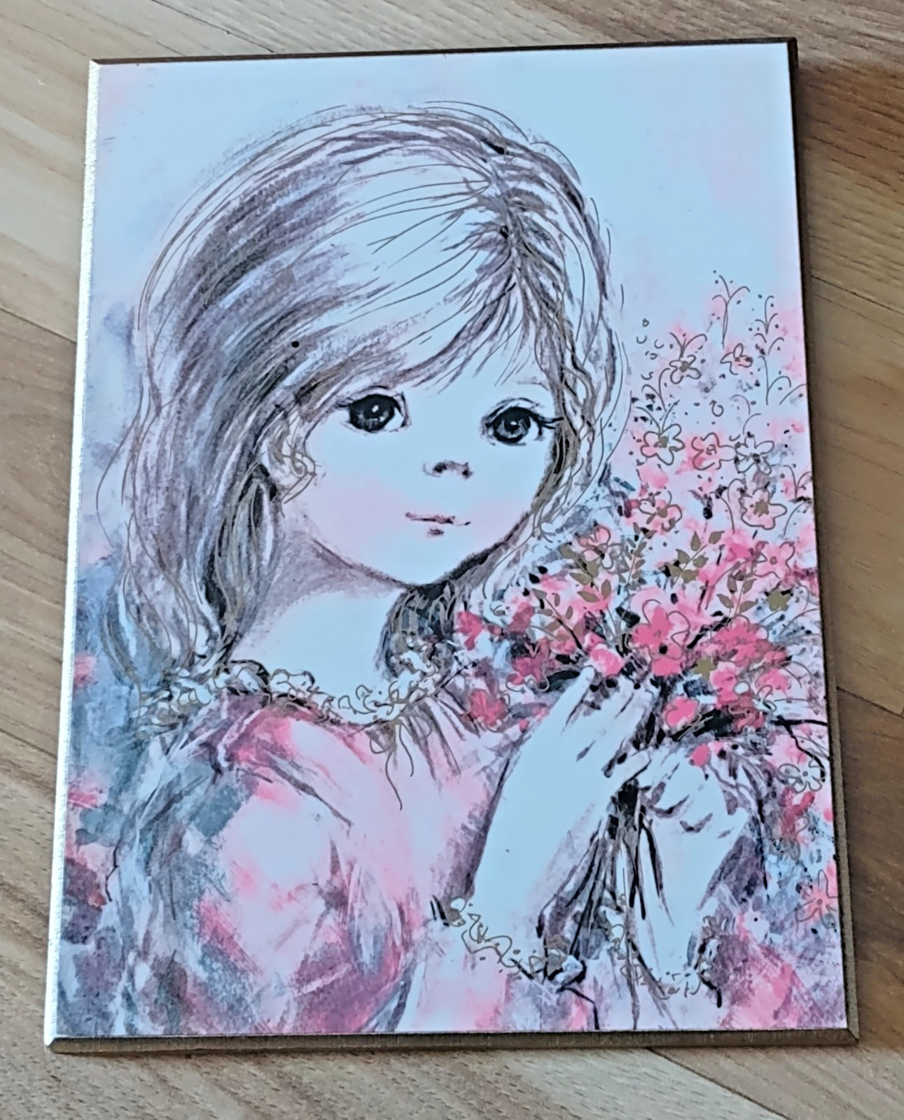Vintage Norcross Big Eye Girl Picture Plaque Rare 1960's 7 by 5 Inches Mod Girl