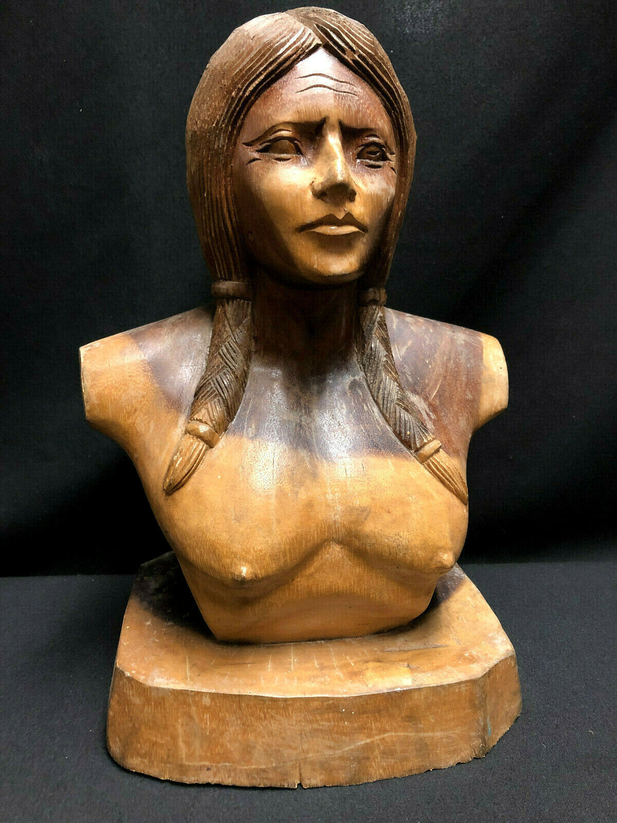 Vintage Hand Carved Indian Head Statue Bust Wood Folk Art, Large 14\
