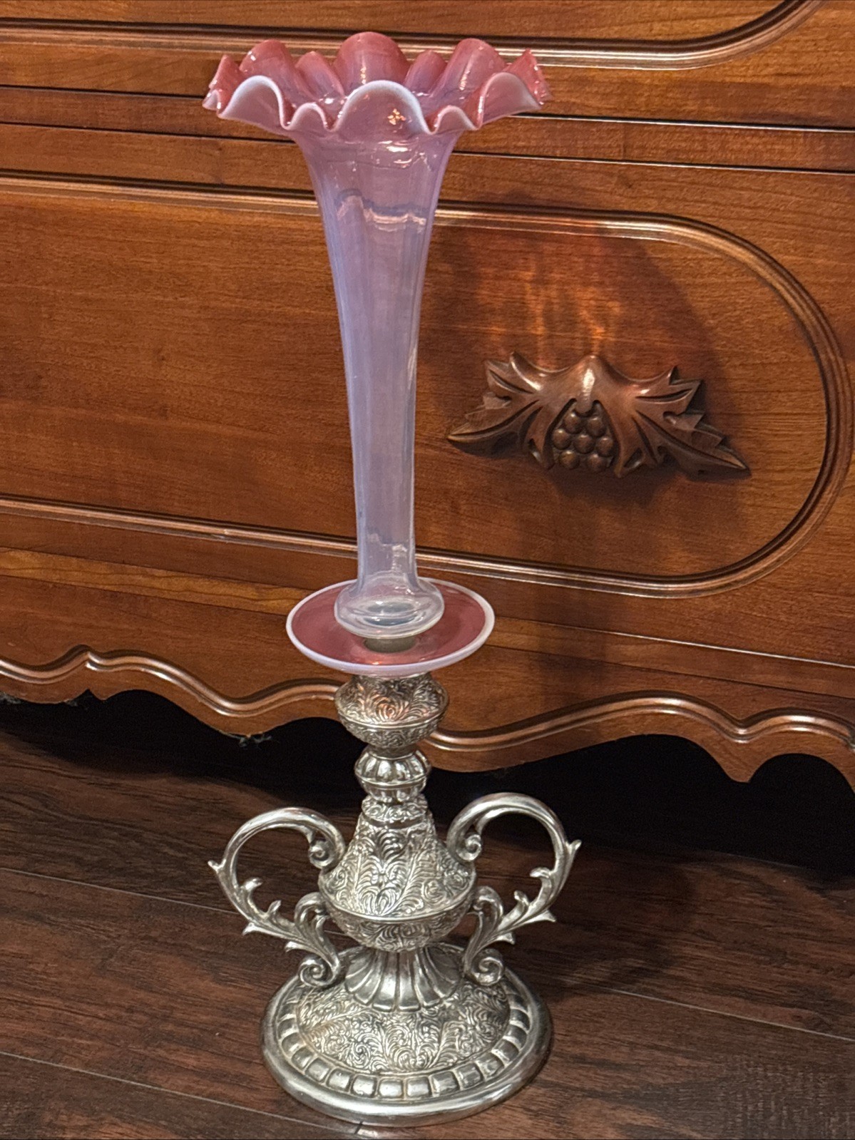 Large 20" Antique Victorian Silver Plate Pink Opalescent Glass Epergne Vase Large 20" Antique Victorian Silver Plate Pink Opalescent Glass Epergne Vase