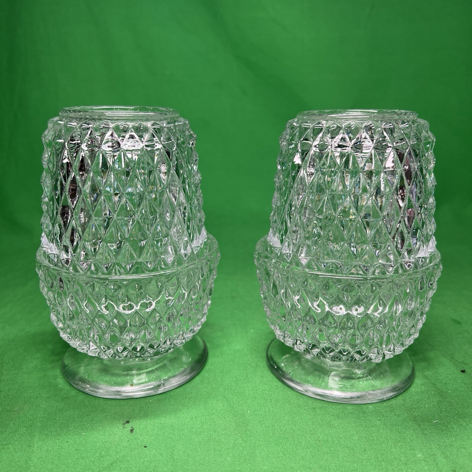 Pair of Vintage Glass Clear Diamond Point Fairy Lamps Candle Holders
