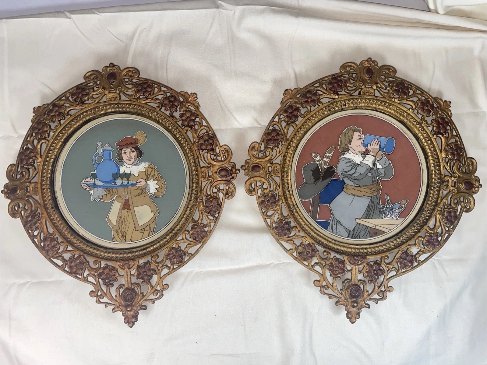 RARE Antique Villeroy Boch Mettlach Plaque Pair 2623 2626 Green Mercury Framed RARE Antique Villeroy Boch Mettlach Plaque Pair 2623 2626 Green Mercury Framed