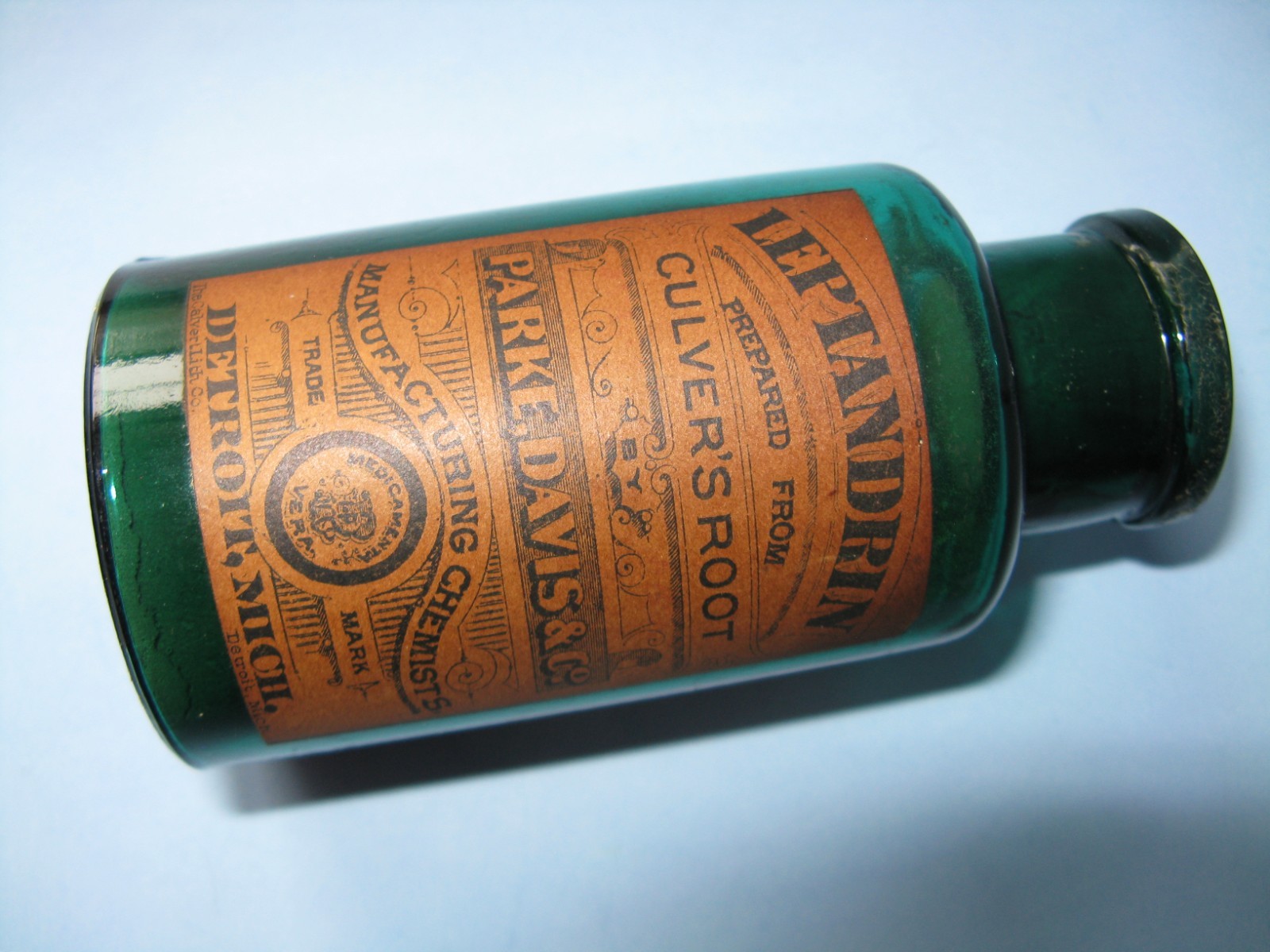 Antique Cork Top Medicine, Parke Davis, Teal Antique Cork Top Medicine, Parke Davis, Teal