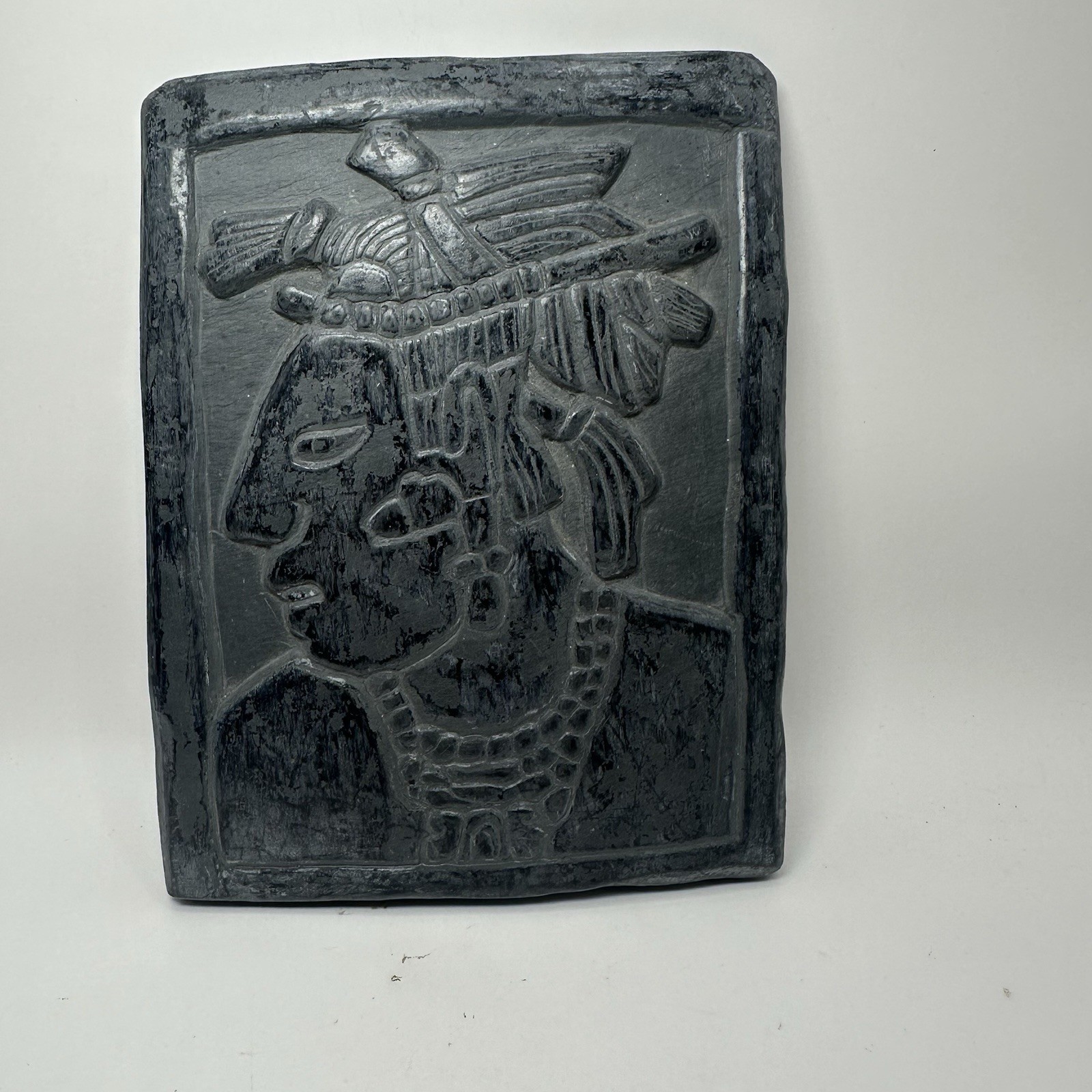 Vintage Hand Carved Slate Plaque Mayan Relief Scene Saying on Back 6"x4.5" Vintage Hand Carved Slate Plaque Mayan Relief Scene Saying on Back 6"x4.5"