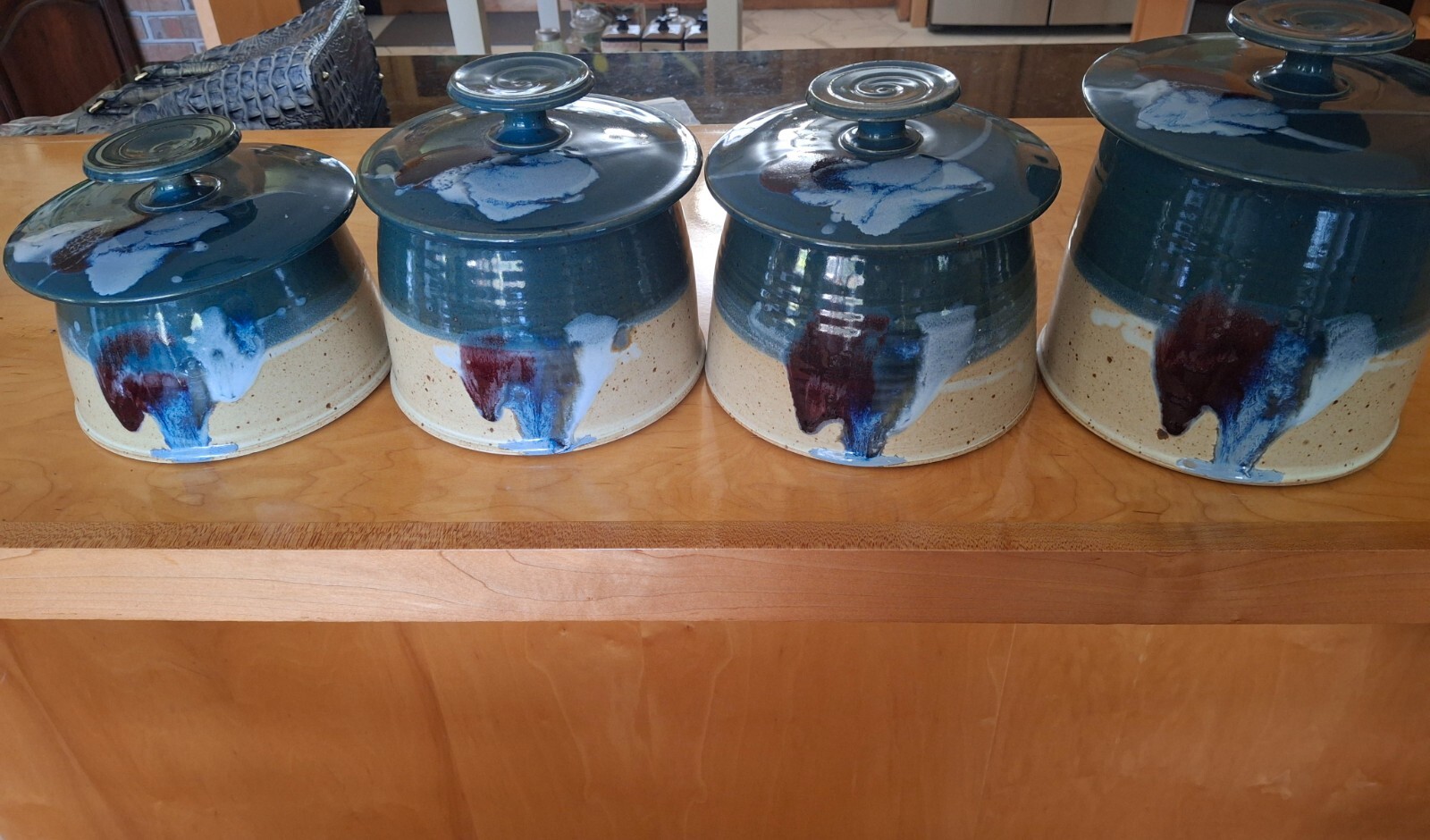 Gandee Village Pottery Beautiful Blues Beiges Glazed 4 PC Canister set-Signed Gandee Village Pottery Beautiful Blues Beiges Glazed 4 PC Canister set-Signed