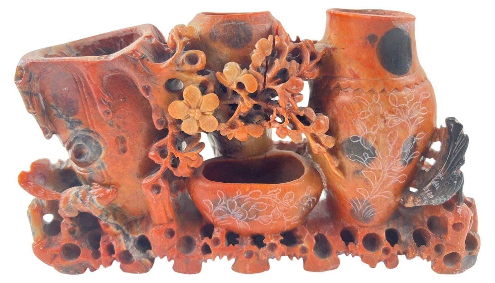 Beautiful Soap Stone Chinese carved soapstone triple brush pot or spill vase. Beautiful Soap Stone Chinese carved soapstone triple brush pot or spill vase.