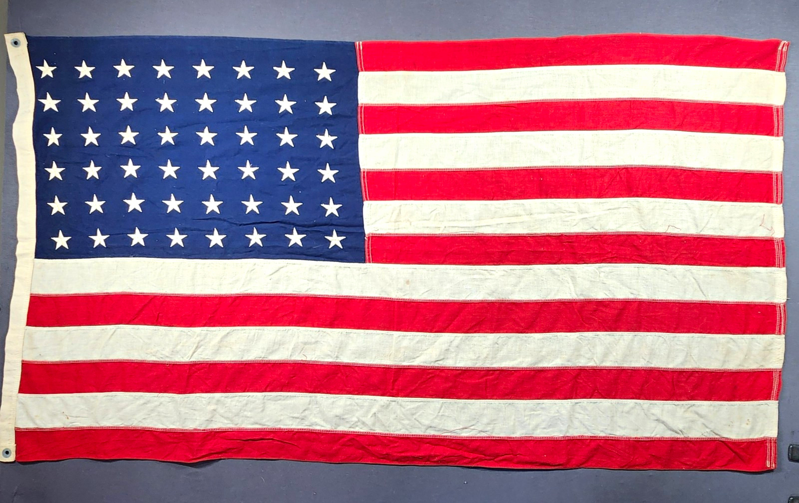 Vintage 48 Star American Flag Sewn Stripes Embroidered Stars 57x31 WWII Era Vintage 48 Star American Flag Sewn Stripes Embroidered Stars 57x31 WWII Era