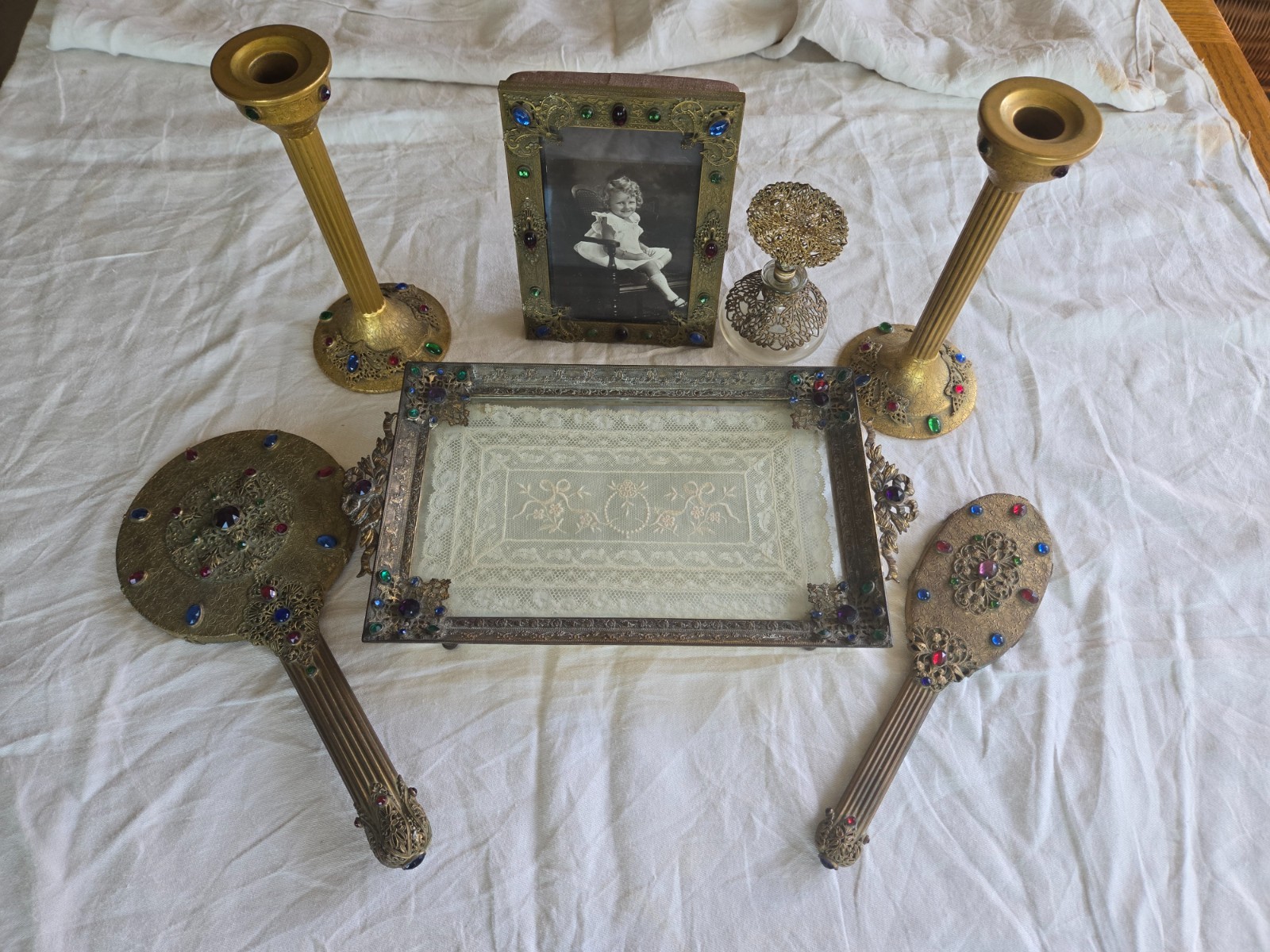 Antique 7-piece Hollywood Regency / Art Deco jeweled ormolu vanity set Antique 7-piece Hollywood Regency / Art Deco jeweled ormolu vanity set