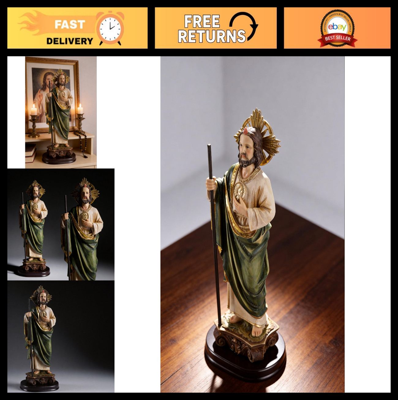 Hand-Painted 11.4" St. Jude Apostle Statue on Wooden Base - Catholic Home Decor, Hand-Painted 11.4" St. Jude Apostle Statue on Wooden Base - Catholic Home Decor,