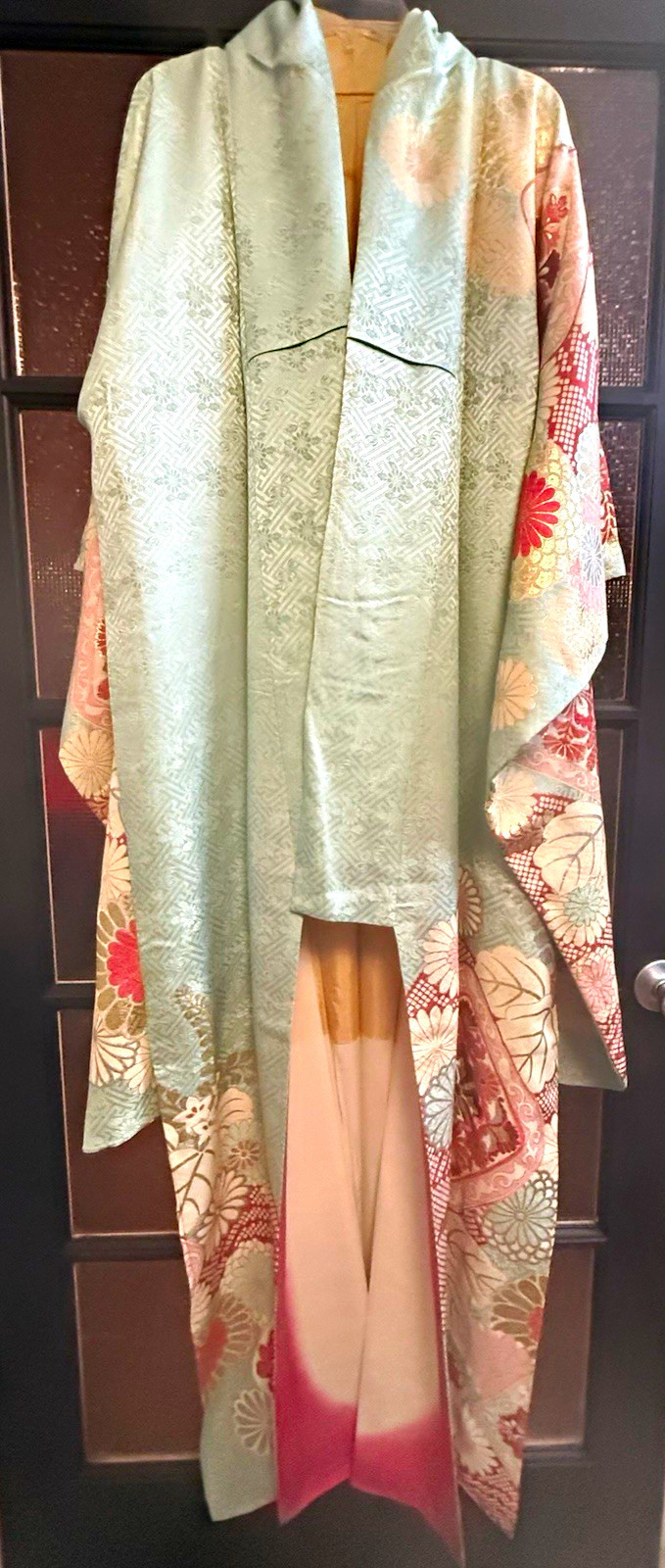 Beautiful vintage powder blue silk Furisode kimono with pink red embroidery Beautiful vintage powder blue silk Furisode kimono with pink red embroidery