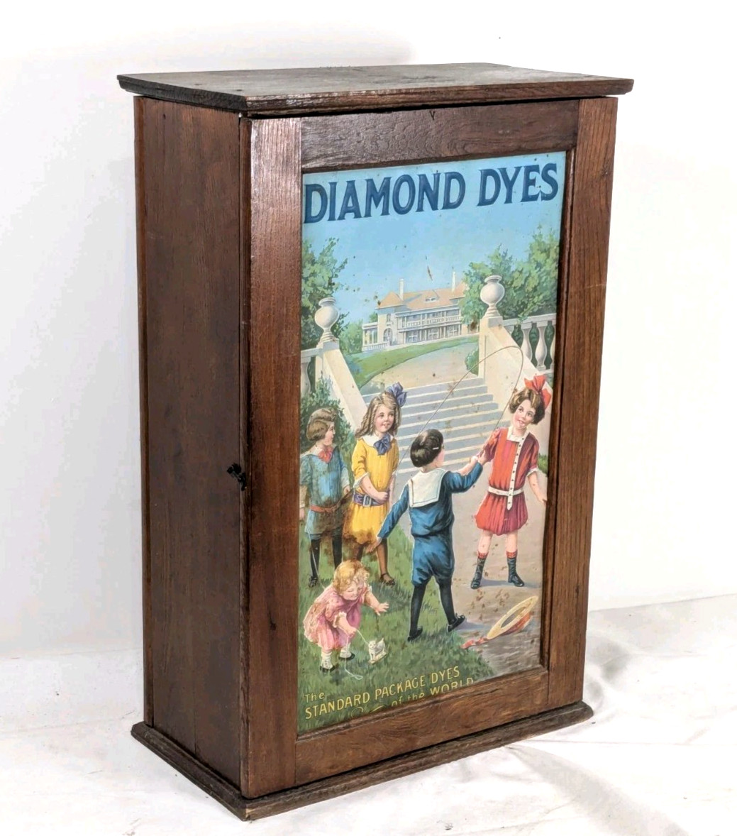 Vintage Diamond Dyes Oak & Tin Country Store Advertising Cabinet "Skipping Rope" Vintage Diamond Dyes Oak & Tin Country Store Advertising Cabinet "Skipping Rope"