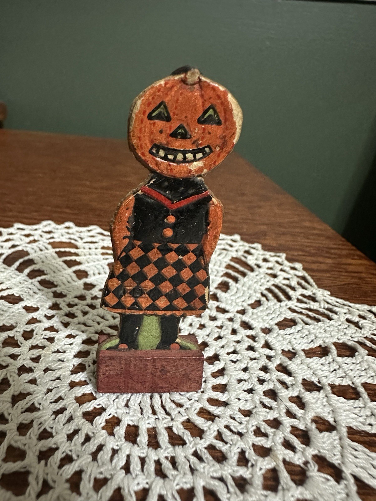 Vtg. Antique Halloween German Skittle Game Piece Pumpkin Head Girl 1920's Vtg. Antique Halloween German Skittle Game Piece Pumpkin Head Girl 1920's